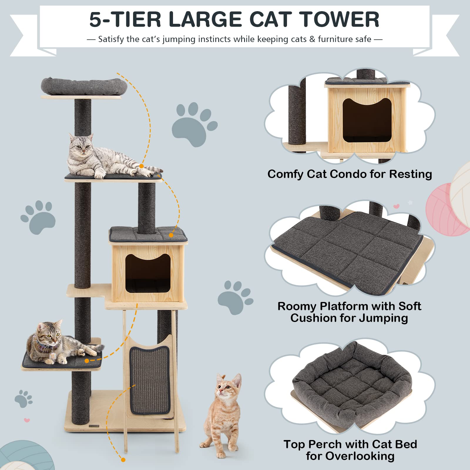Petsite 69' Tall Wooden Cat Tree Tower, Modern Cat Activity Center Tree With Sisal Posts & Scratch Board, Condo & Top Perch For Kitchen & Large Cat, Grey
