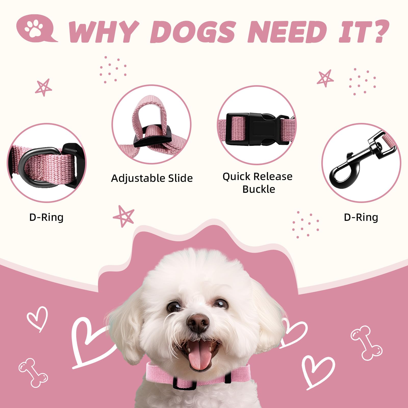 Pink Dog Collar And Leash Set For Medium Size Dog, Breathable, Anti-Odor & Soft, Comfortable For Sensitive Skin Puppies, 90% Bam