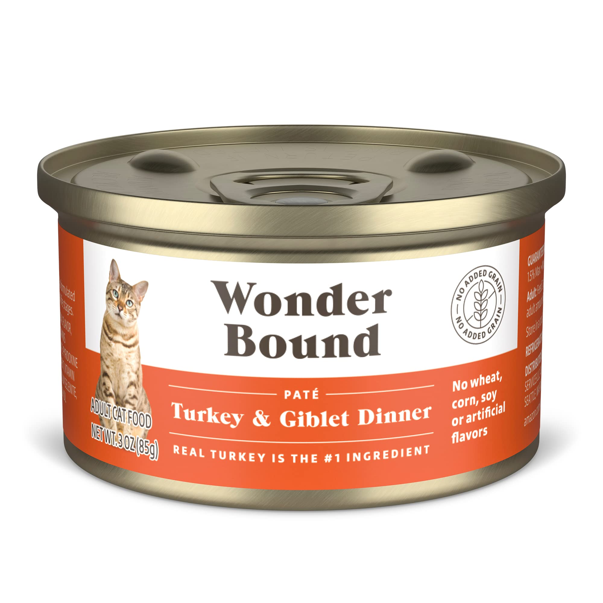 Amazon Brand - Wonder Bound Canned Wet Cat Food (Turkey & Giblet Dinner Pat  ), No Artificial Flavors, Adult Recipe, 3 Ounce (Pa
