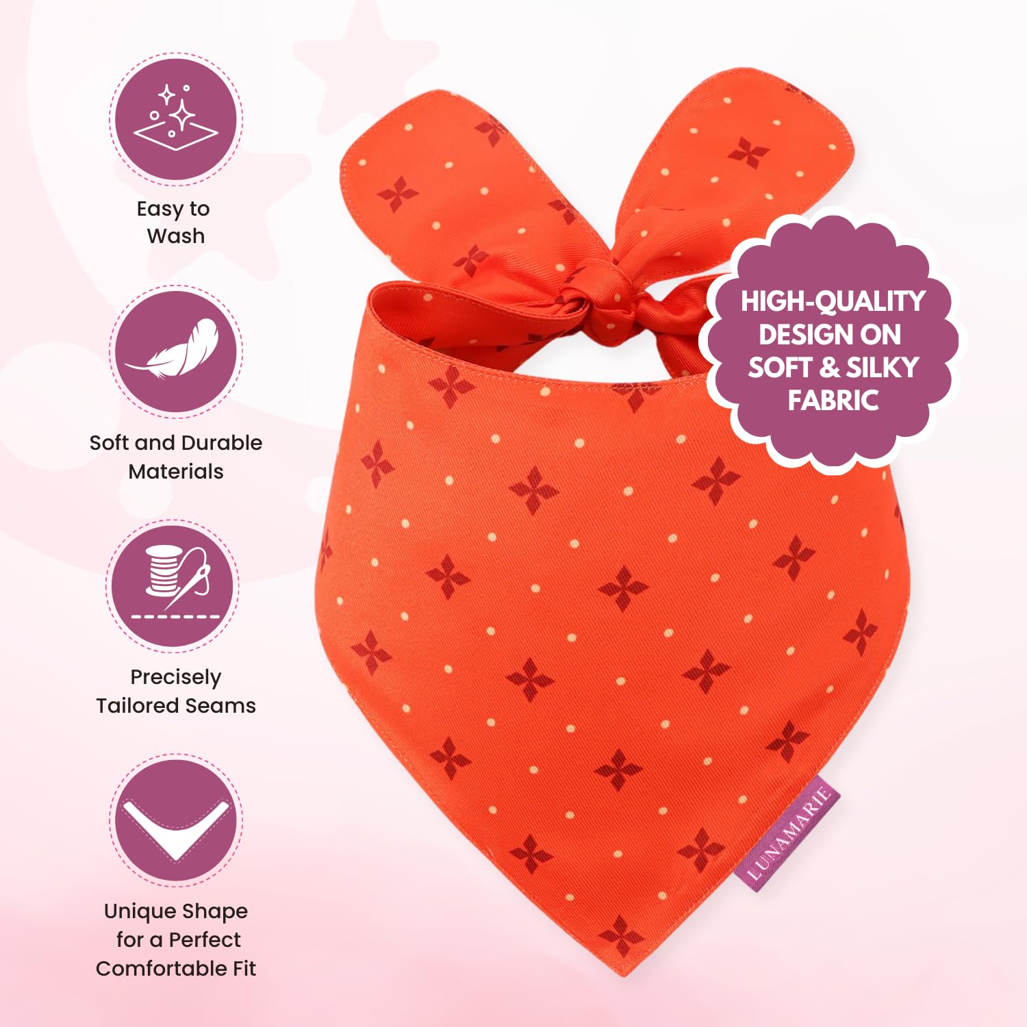 Lunamarie - Luxury Pet Birthday Bandanas -Premium & Silky Poly Fabric | 100% Handmade | Custom Shape Dual Layered (Ember, Medium