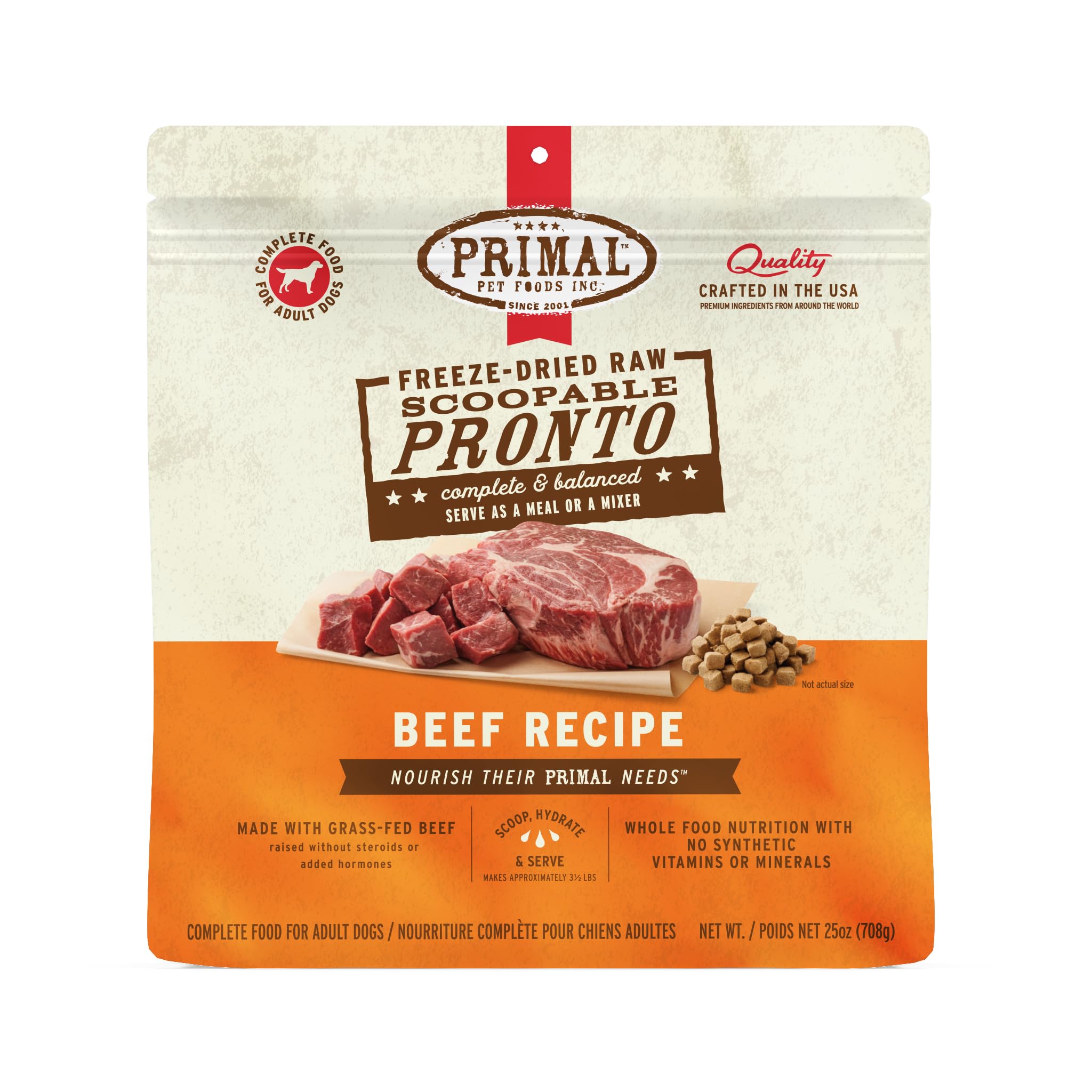 Primal Freeze Dried Dog Food Pronto, Beef; Scoop & Serve, Complete & Balanced Meal; Also Use as Topper or Treat; Premium, Health