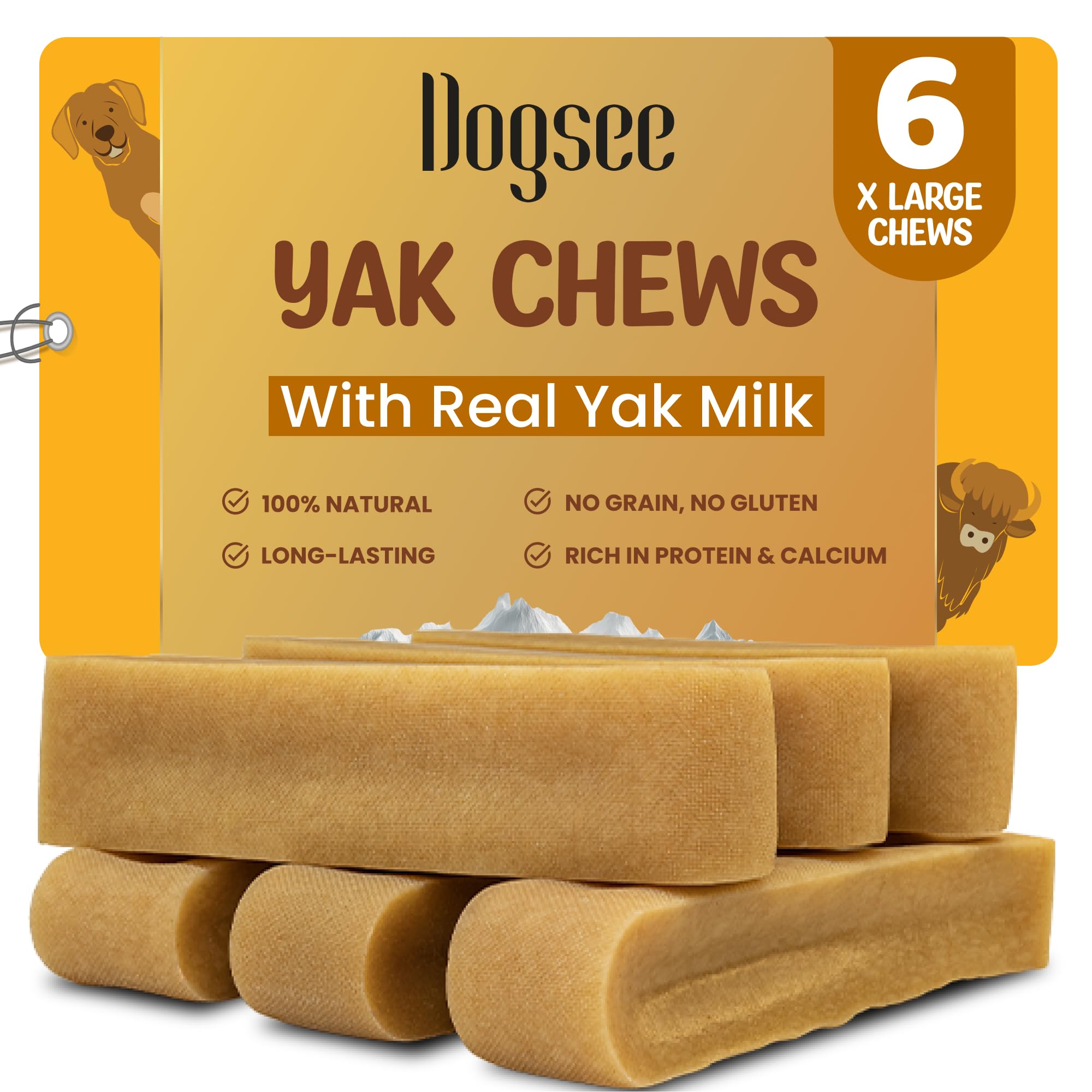 Dogsee Original Himalayan Yak Cheese Dog Chews XL - 6 Chews | Dog Treats Rawhide Free | Fight Plaque & Tartar | All Natural Long
