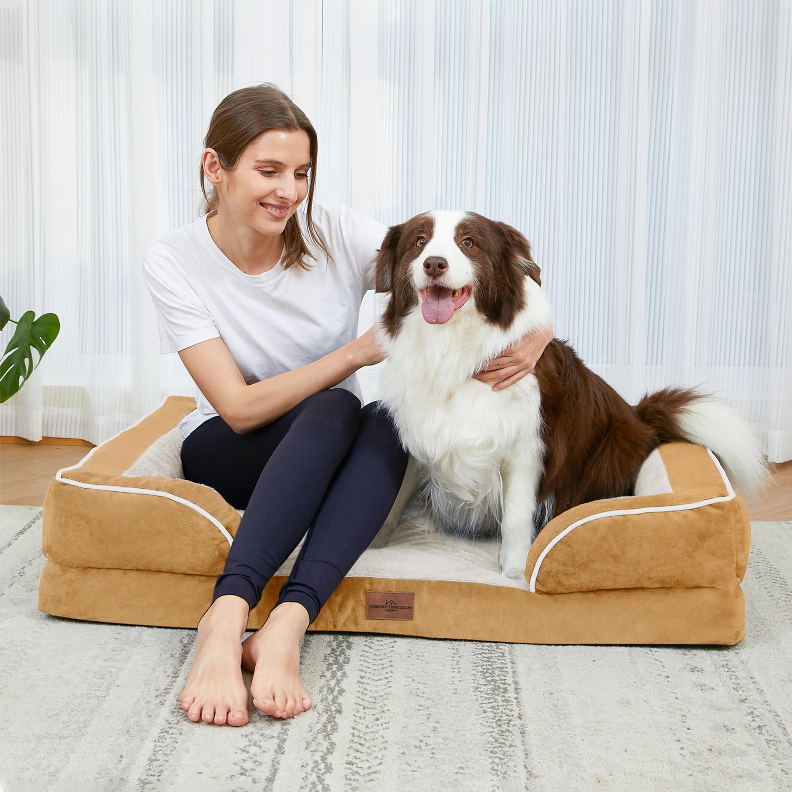 Comfort Expression Extra Large Dog Beds, Xl Dog Beds Waterproof, Orthopedic Dog Bed With Bolster, Washable Dog Bed Sofa Pet Bed With Removable Cover & Non-Slip Bottom(X-Large,Khaki)