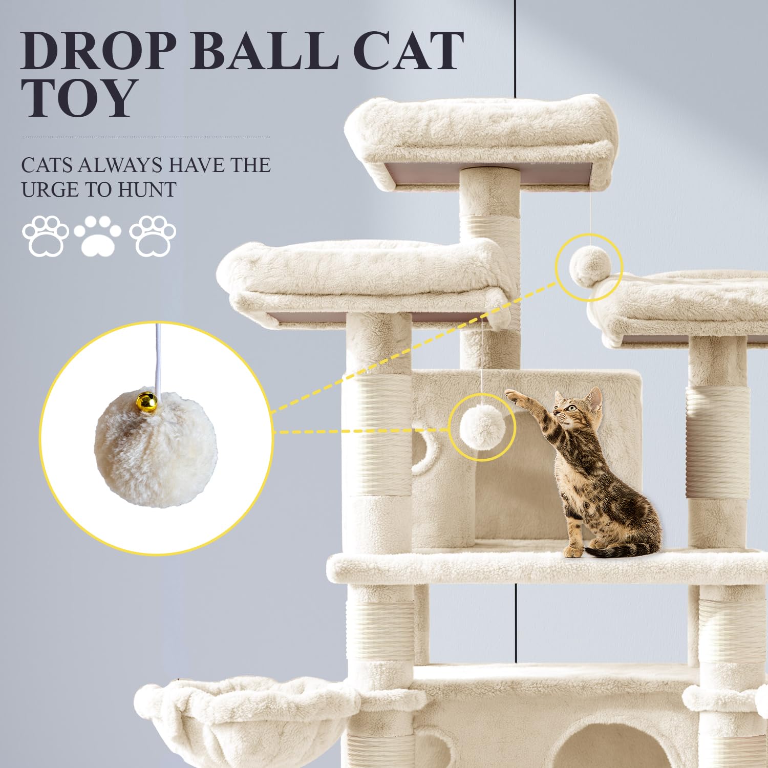 Allewie Cat Tree 68in Beige Multi-Level Climbing Tower with Condo for Big Felines Model AK-002BE