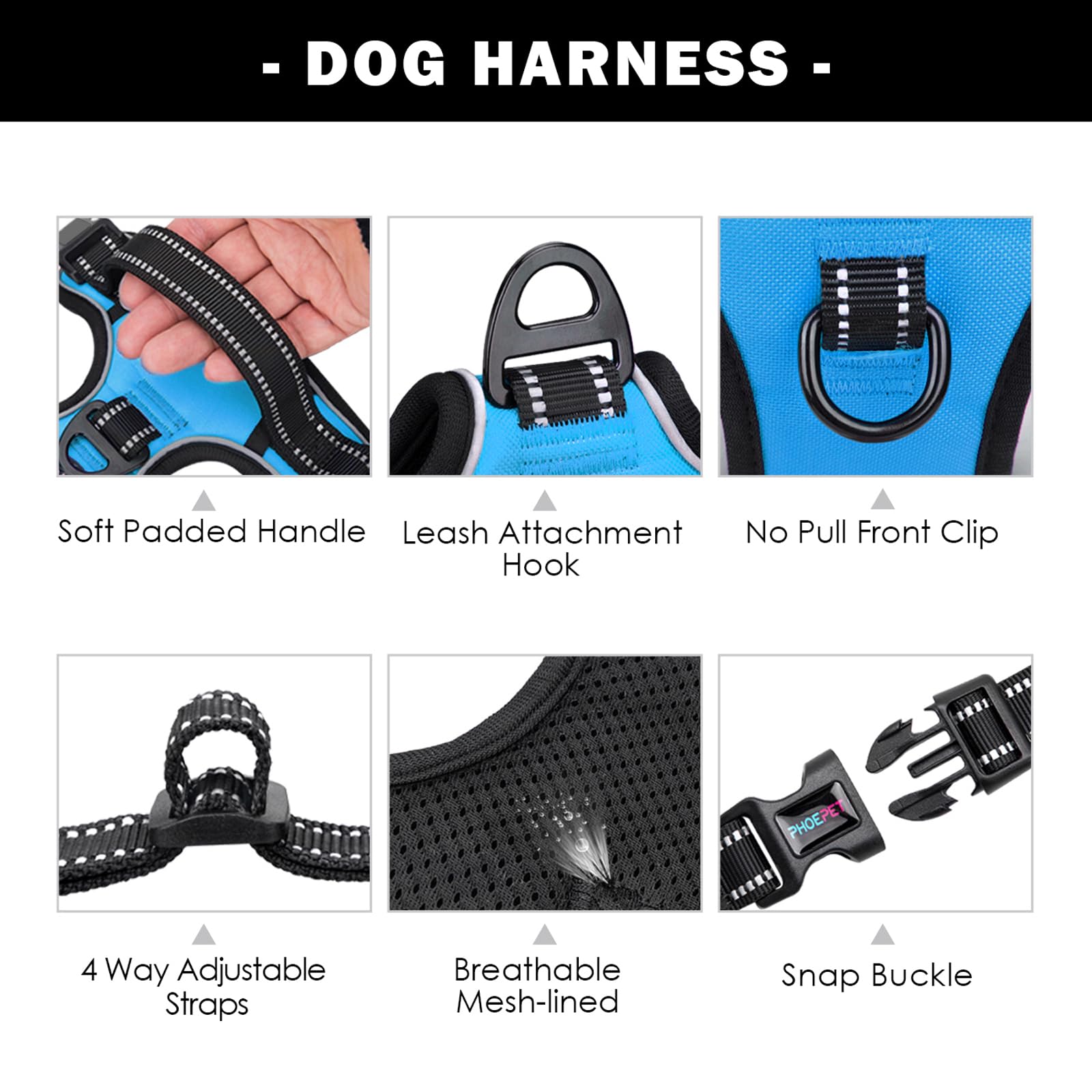 Phoepet Reflective Dog Harness Large Breed Adjustable No Pull Vest With Handle 2 Metal Rings 3 Buckles [Easy To Put On & Take Of