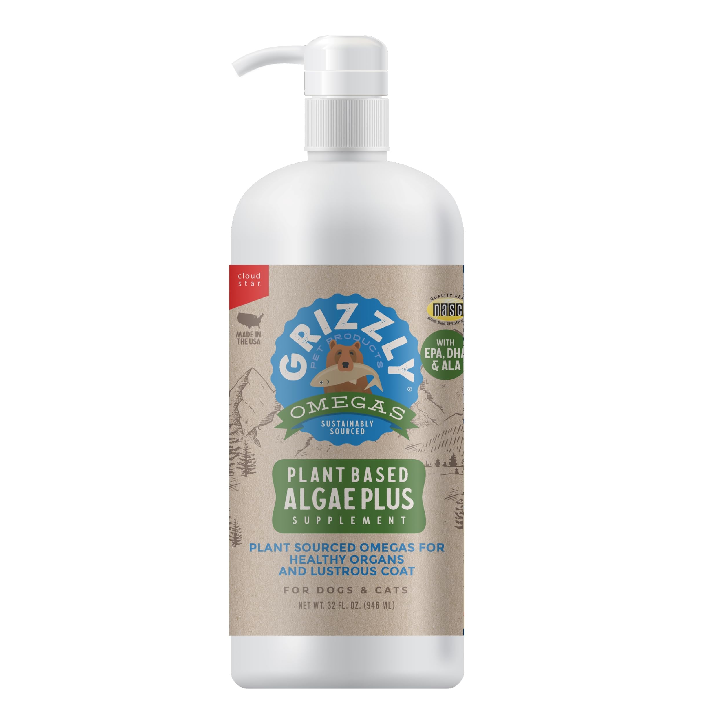 Grizzly Pet Products Algal Plus Omega 3-6-9 Food Supplement for Dogs and Cats, 32 Ounce Bottle