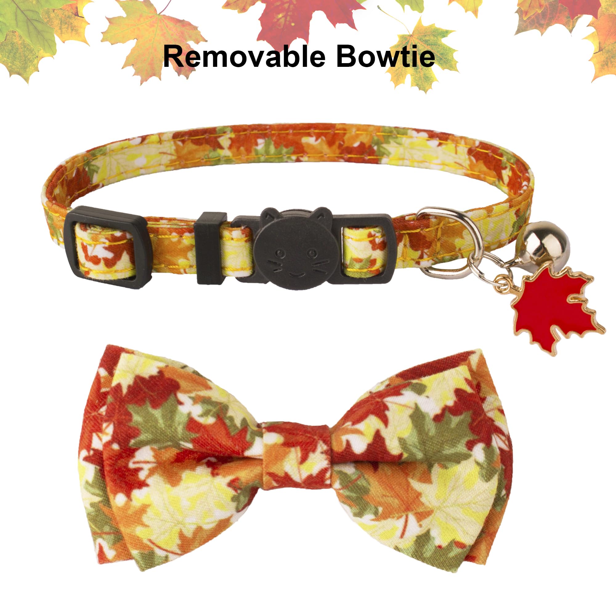 Adoggygo Fall Cat Collar With Removable Bow Tie Bell, 2 Pack Fall Leaves Thanksgiving Pet Bowtie Collar For Cats Kittens (7.5''-