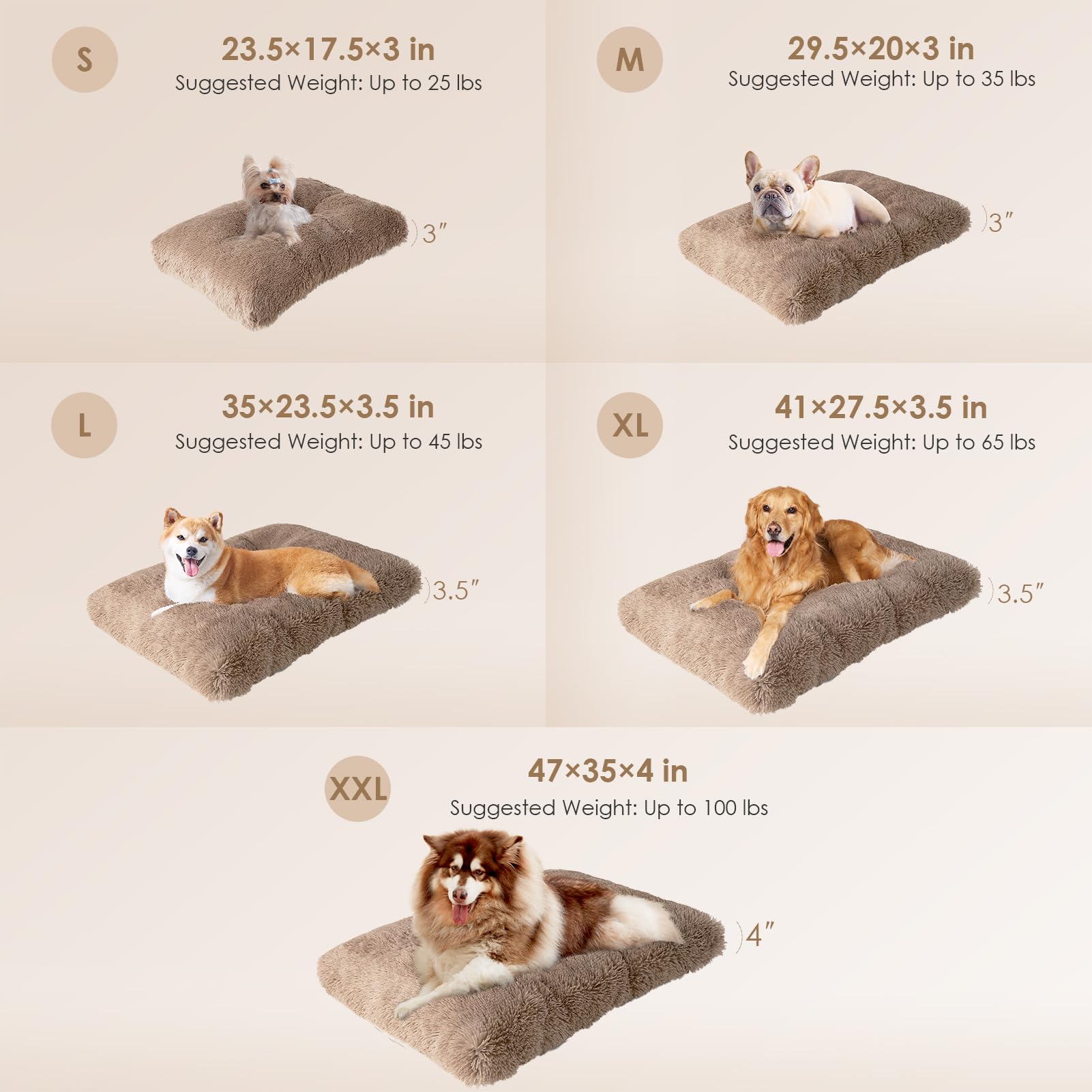 EHEYCIGA Fluffy Dog Crate Bed, XL 41.3x27.5, Plush Faux Fur, Washable, Non-Slip Bottom, Camel Color