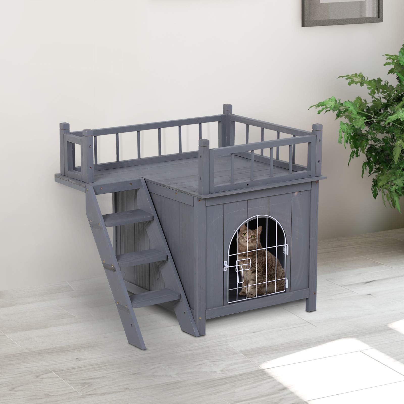 Pawhut 2-Level Wooden Cat House, Outdoor Dog Shelter Cat Condo With Lockable Wire Door And Balcony, Grey