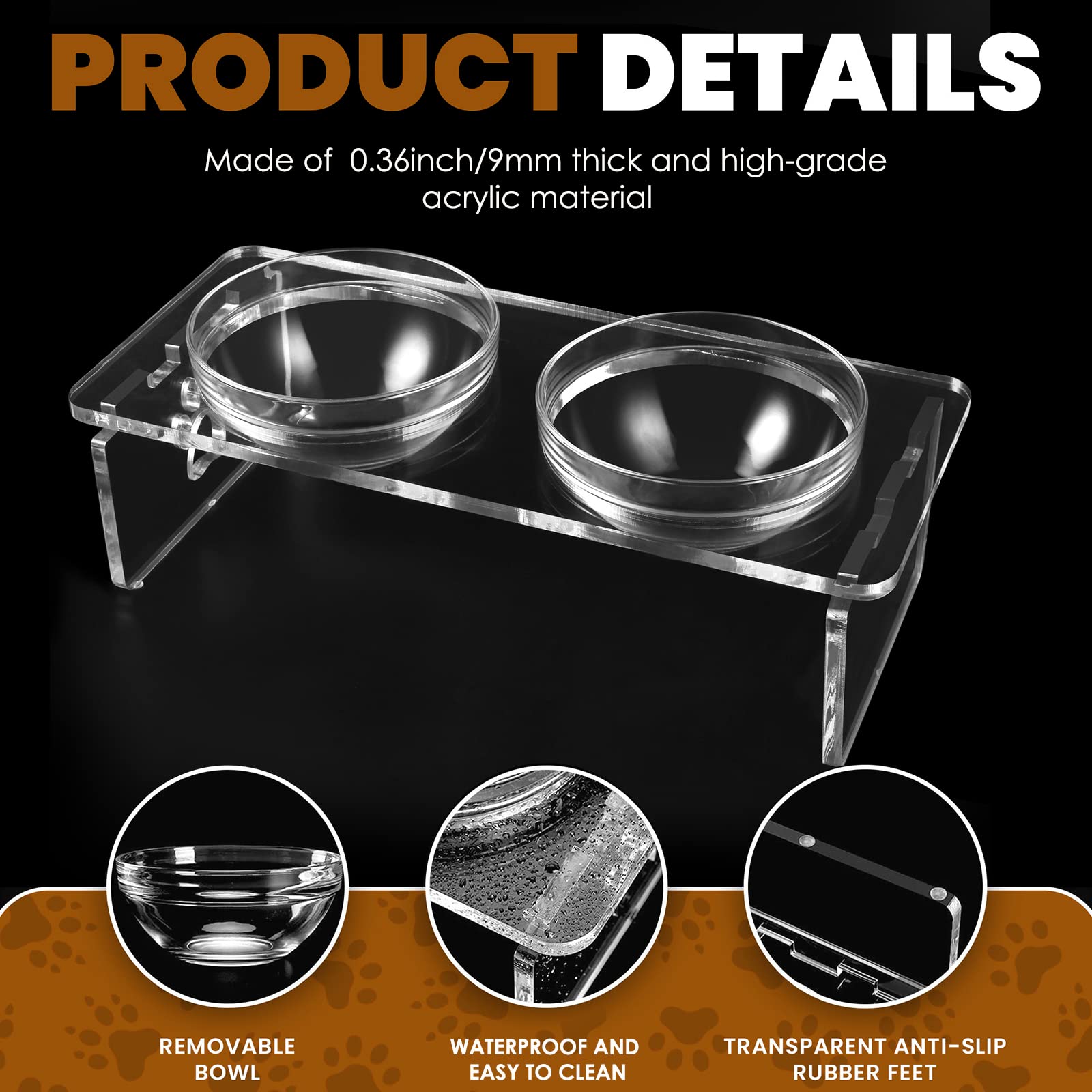 Dog and Cat Bowls Elevated Set - Acrylic Feeder Stand with 2 Set Removable Stainless Steel and Glass Bowls Food and Water Raised