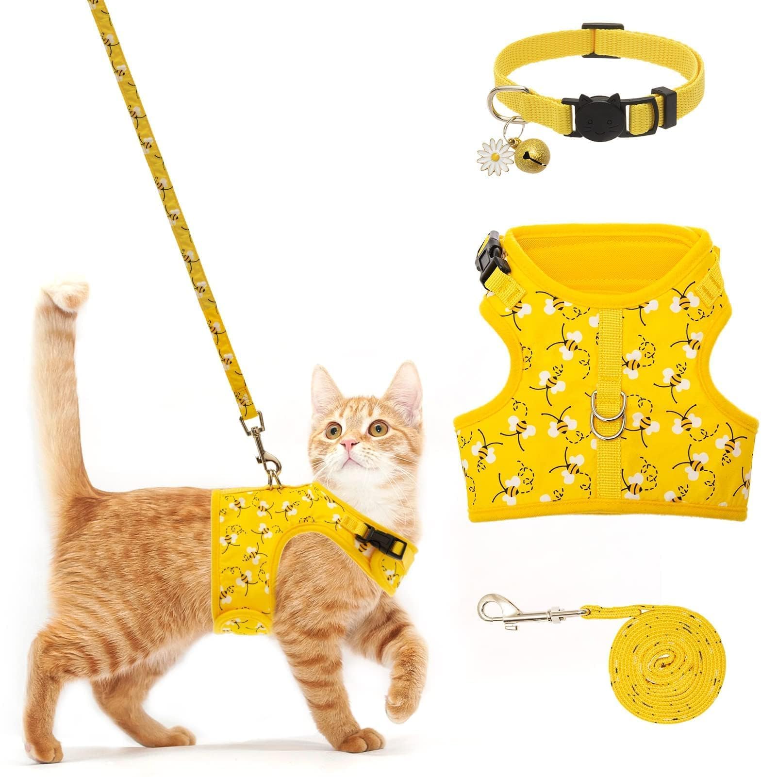 Bingpet Cat Harness With Leash And Collar For Walking - Escape Proof With 59 Inches Leash - Adjustable Soft Vest Harnesses For M
