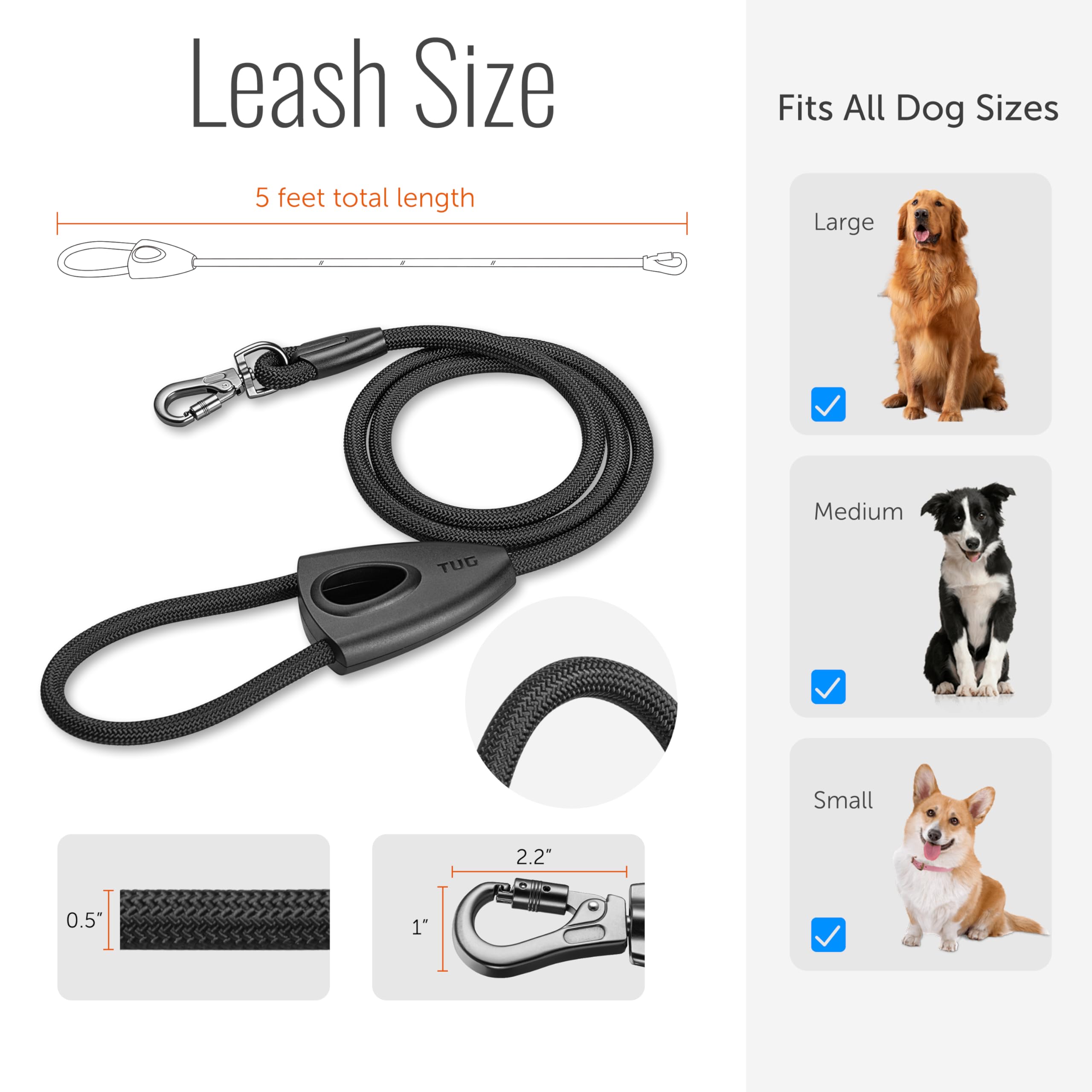 Tug 5 Ft Dog Leash With Integrated Oval Dispenser Holds 3 Loose Dog Waste Bags (Black)