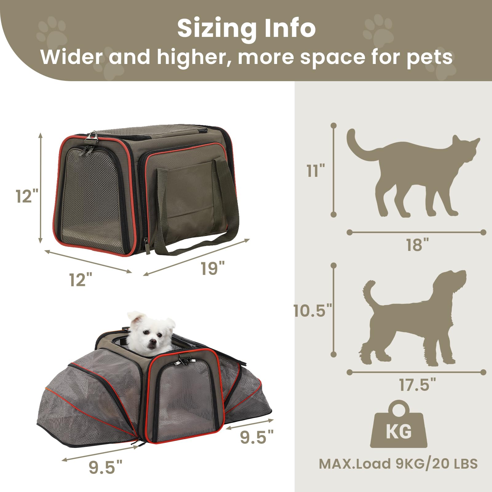 Petsfit Expandable Pet Carrier for 2 Cats, 19"x12"x12", Gray Brown, Soft Cushion, Safety Rope, Model 6734719