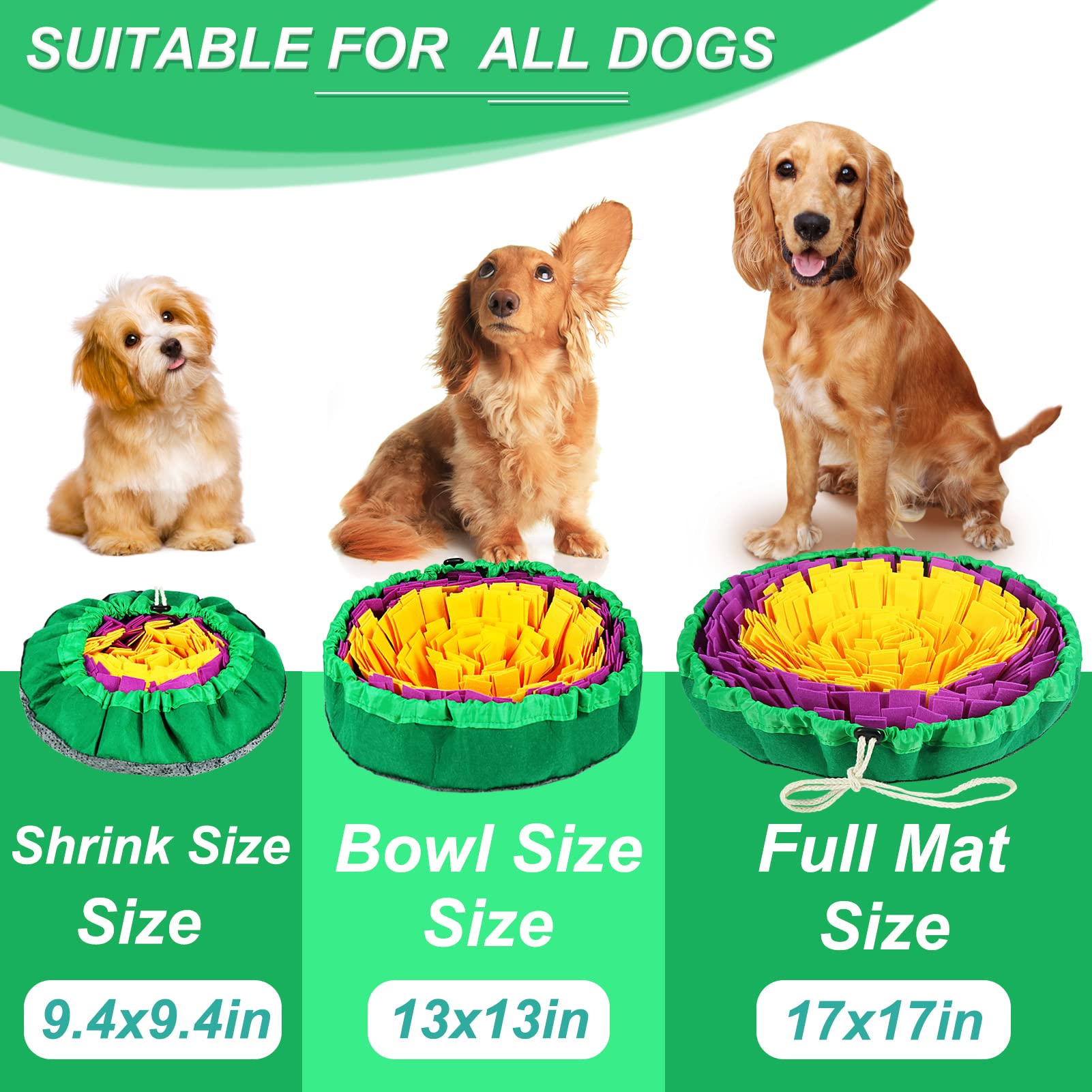Vivifying Snuffle Mat for Dogs, Yellow Purple, 17x17 inches, Felt, Adjustable Enrichment Puzzle Toy for Slow Eating and Mental Stimulation