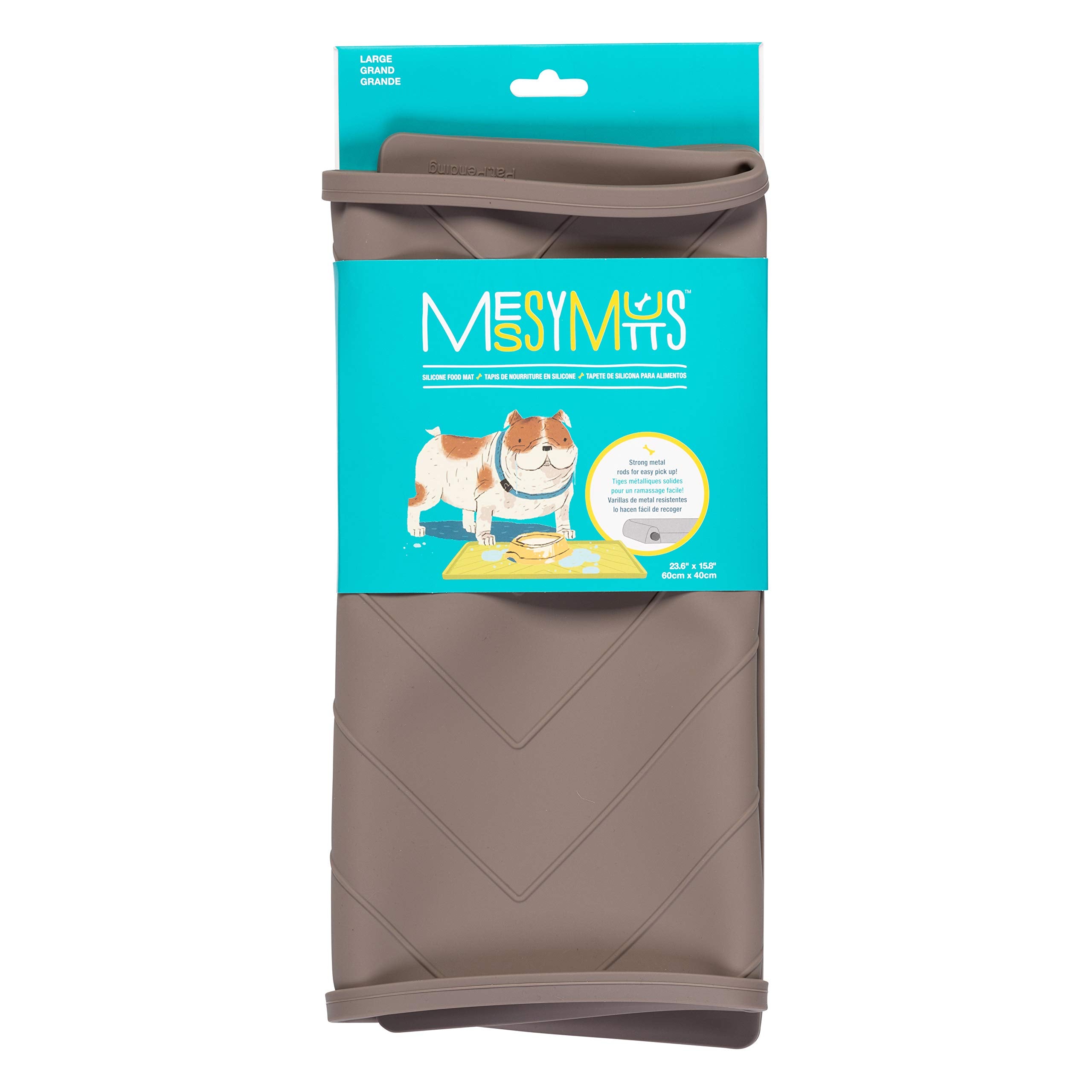 Messy Mutts Silicone Non-Slip Dog Bowl Mat With Raised Edge And Two Sides Reinforced With Metal Rods | Dog/Cat Bowl Mat With Spill-Proof Lip | Medium, 20” X 12” | Dark Grey