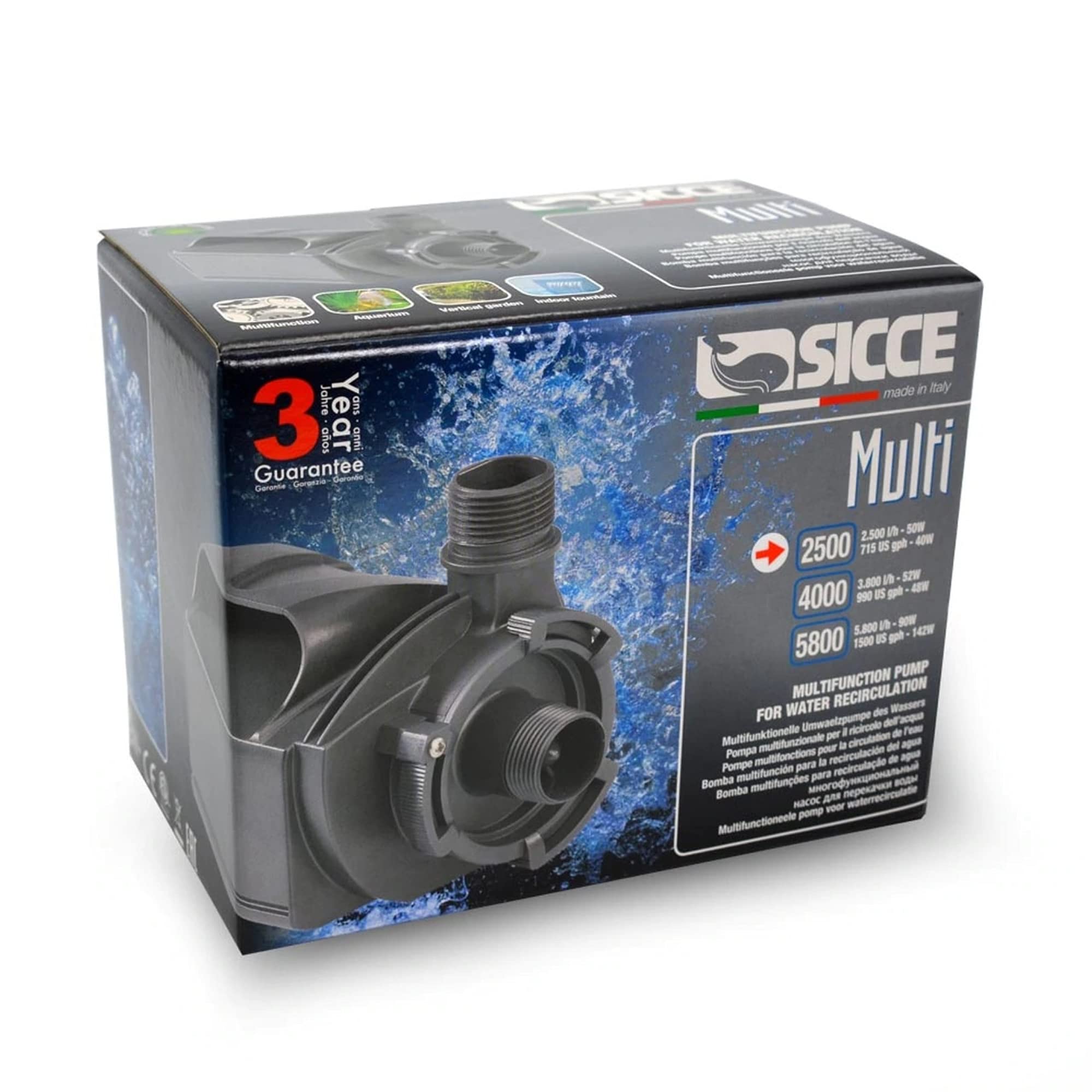 Sicce MULTI 2500 Aquarium Pump - 715 GPH, Black, Ceramic, Model SIC609, Submersible & Inline Use