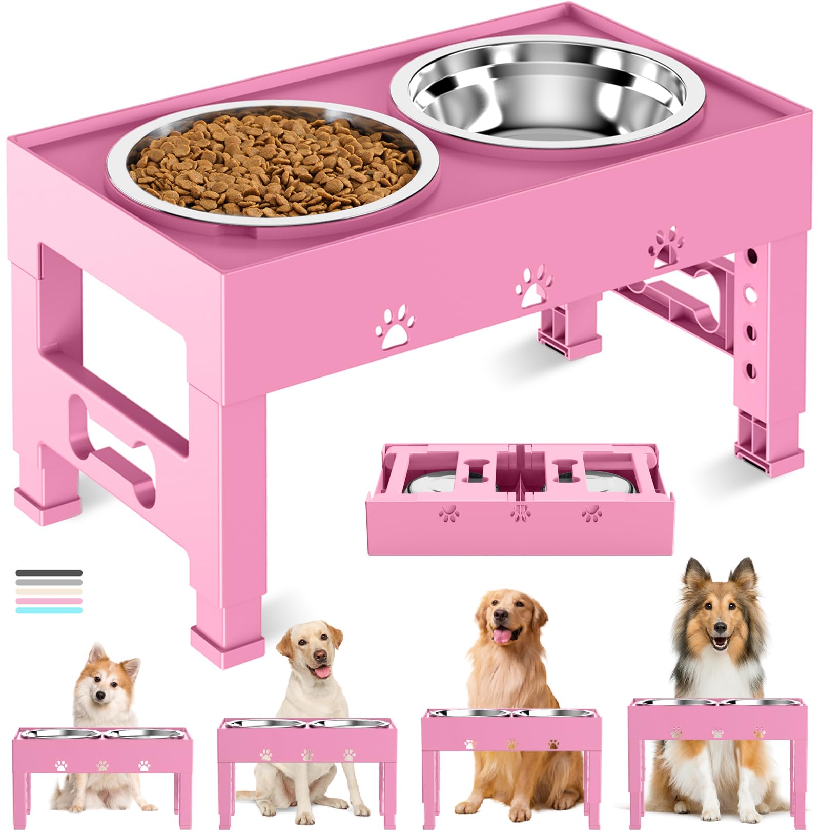 LAKIPETN Elevated Dog Bowls with 2 Stainless Steel Bowls, Raised Dog Food Bowl Stand 5 Height Adjustable (3.1 , 9 , 10 , 11 , 12