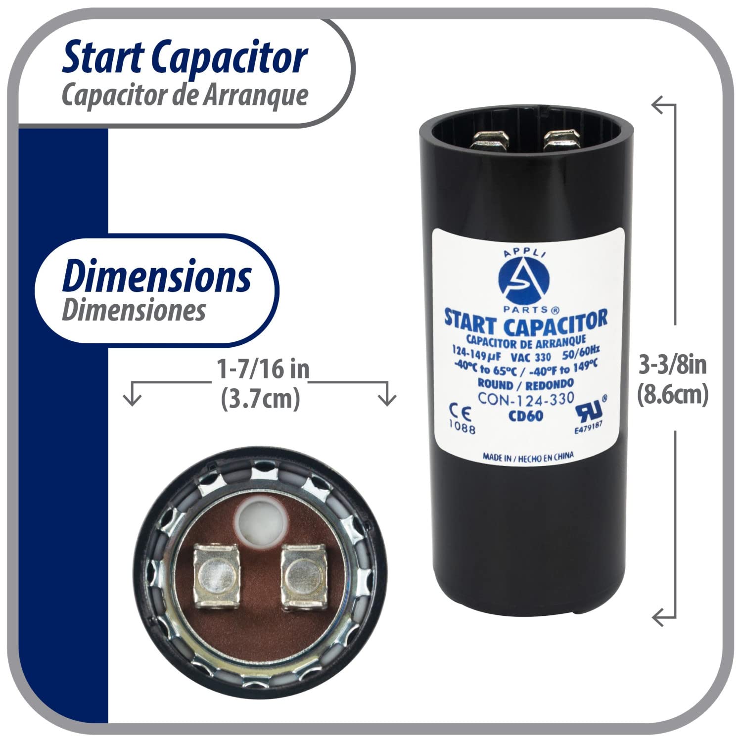 Appli Parts motor start capacitor 124-149 Mfd (microfarads) uF 330 VAc universal fit for electric motor applications 1-716 in Wi