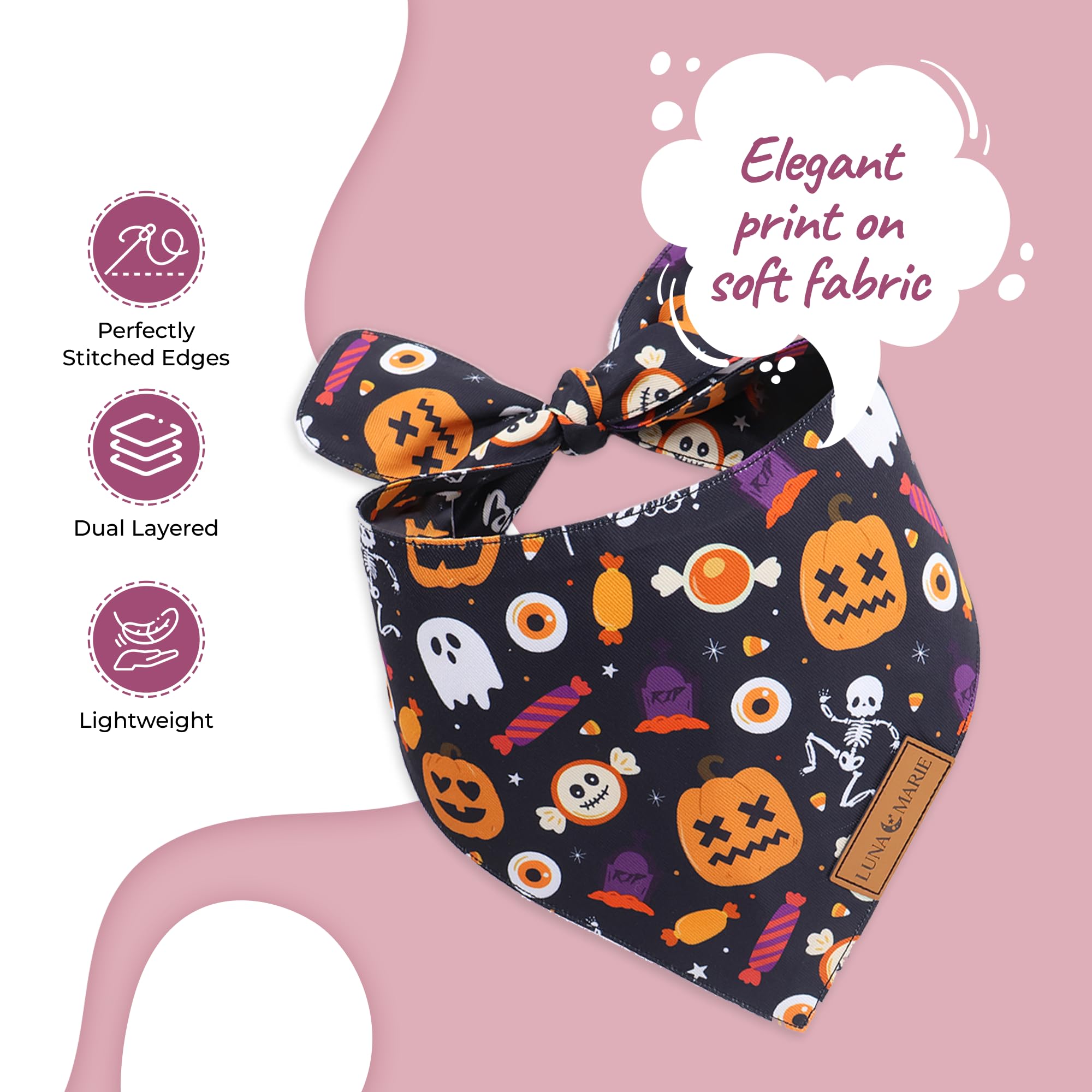 Lunamarie - Luxury Cat And Dog Bandanas - Halloween Designs | Premium Silky Poly Fabric | 100% Handmade Custom Shape Dual Layered Small, Medium, Large Cat Scarf (Trick-Or-Treat, Large)