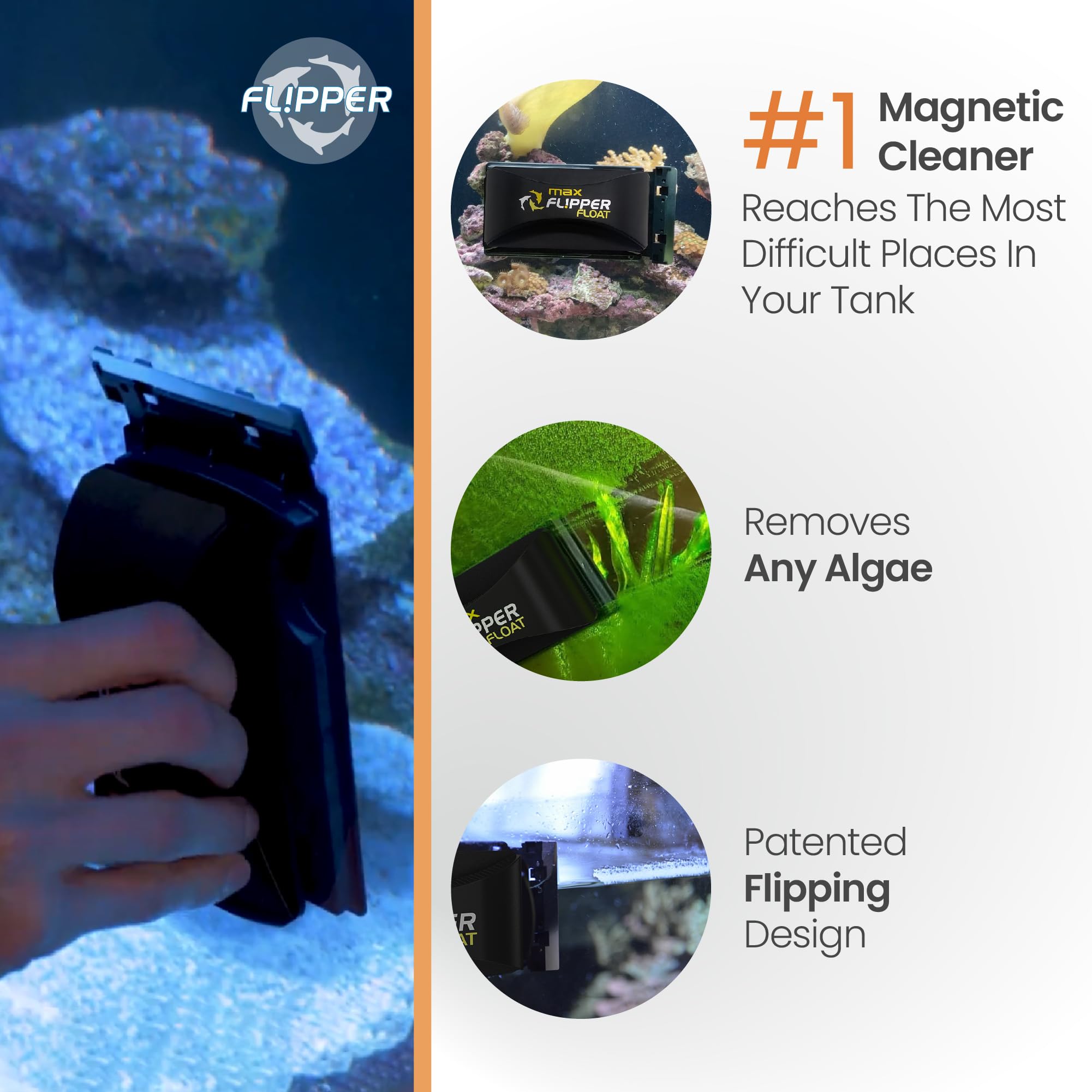 Fl!Pper Flipper Cleaner Float - 2-In-1 Floating Magnetic Aquarium Glass Cleaner - Fish Tank Cleaner - Scrubber & Scraper Aquarium Cleaning Tools - Floating Fish Tank Cleaner, Max