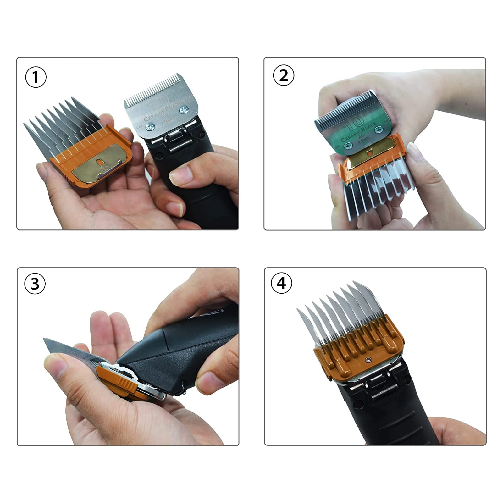Dodaer Professional Animal Stainless Steel 4 Color Guide Comb Set For 10#/15#/30#Detachable Blade,Compatible With Andis, Oster A