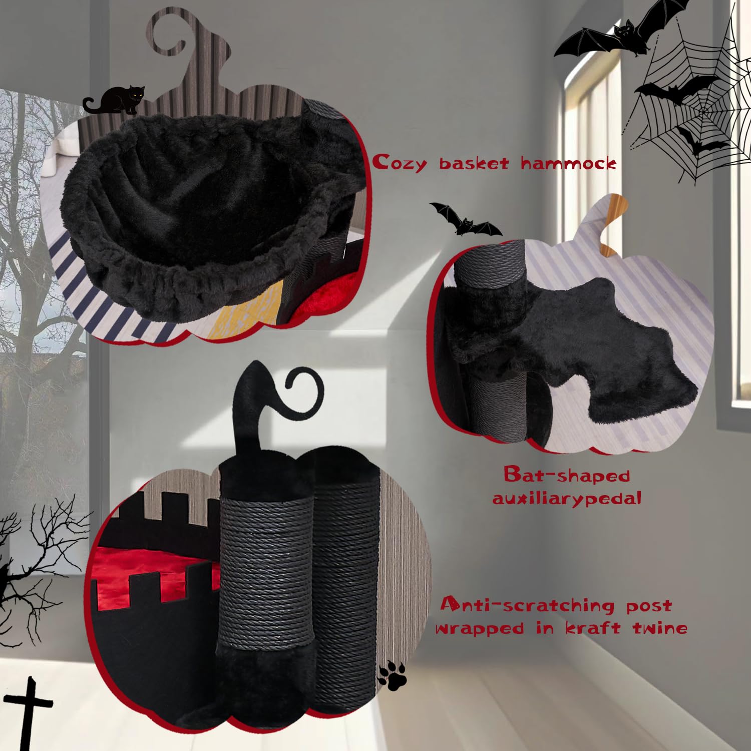 Yaruomy Gothic Cat Tree Castle, 56In Black Cat Tower With Coffin Cat Bed, Spacious Cat Condo For Halloween Cat, Kraft Twine Scra