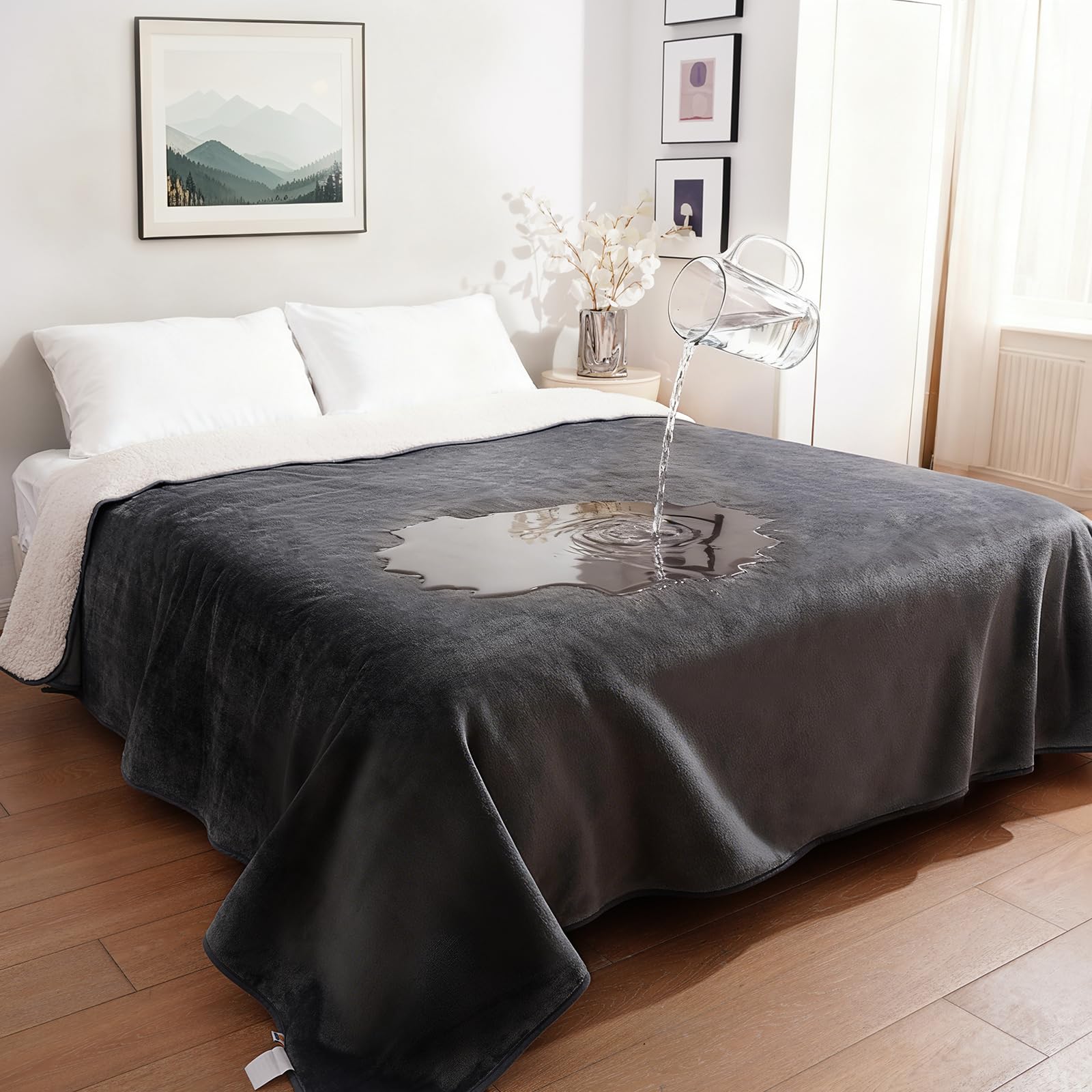 Sunheir Waterproof Blanket for Bed & Couch, Reversible Soft Sherpa Fleece Flannel Throw 86x90, Leakproof Spill-Proof Dog Pet Bla