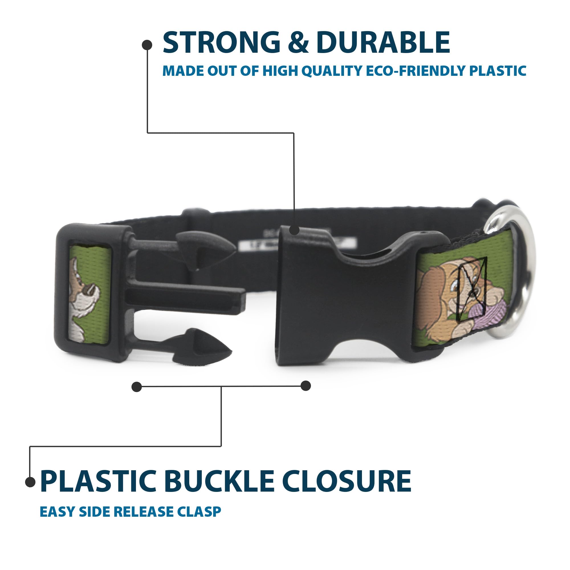 Buckle-Down Dog Collar Plastic Clip Lady And Tramp 6 Poses Olive Green, Multi Color, 1'' Wide - Fits 15-26'' Neck - Large (D