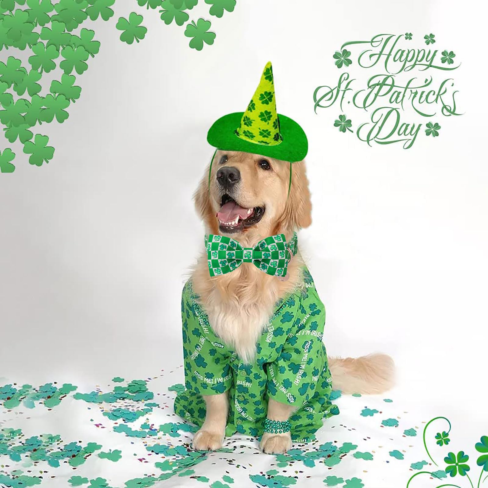Dogwong St.Patrick'S Day Dog Collar Green Clovers Plaid Bowtie Dog Necklace Adjustable Dog Collar Bow Tie For Small Medium Large