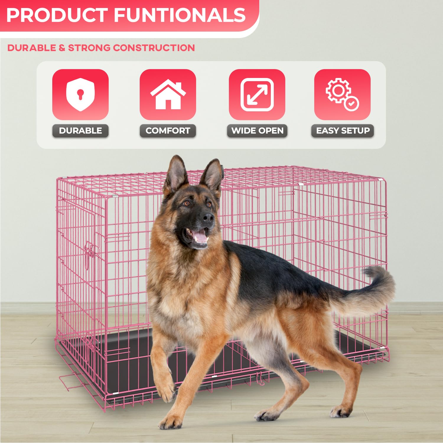 Fdw Dog Crate For Large Dogs 42 Inch Folding Metal Wirepet Cage Double Door W/Divider Panel Indoor Outdoor Kennel Leak-Proof Pla