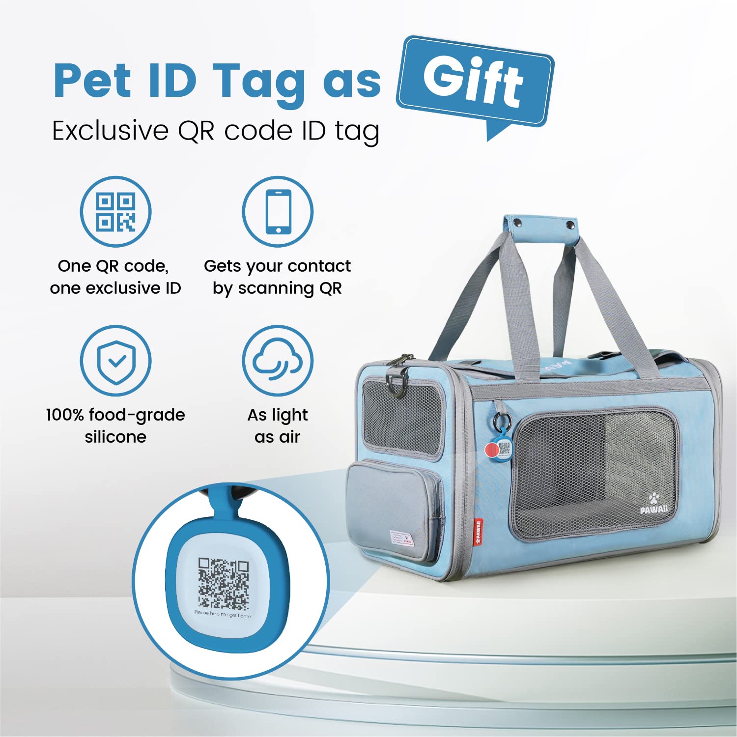 Pawaii Cat Carrier - Airline Approved, Collapsible, Large, Light Grey & Sky Blue, Model US-PC01KB, Comfortable & Portable Travel Carrier