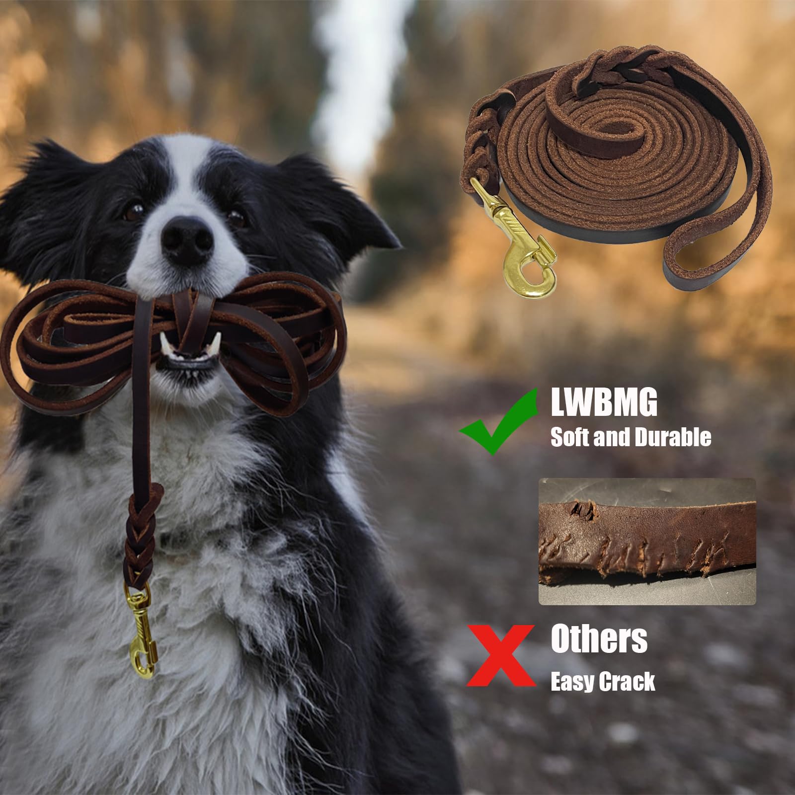 Lwbmg Long Leather Dog Leash 15Ft, Heavy Duty Dog Leash, Strong Sturdy Genuine Leather Braided Dog Leash, Soft And Comfortable L