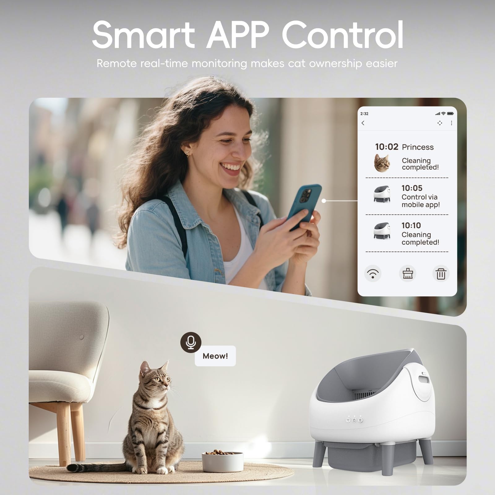 Open-Top Self Cleaning Litter Box, Automatic Litter Box with Dual Safety Sensors, Anti-Pinch Protection, Large Capacity, APP Con