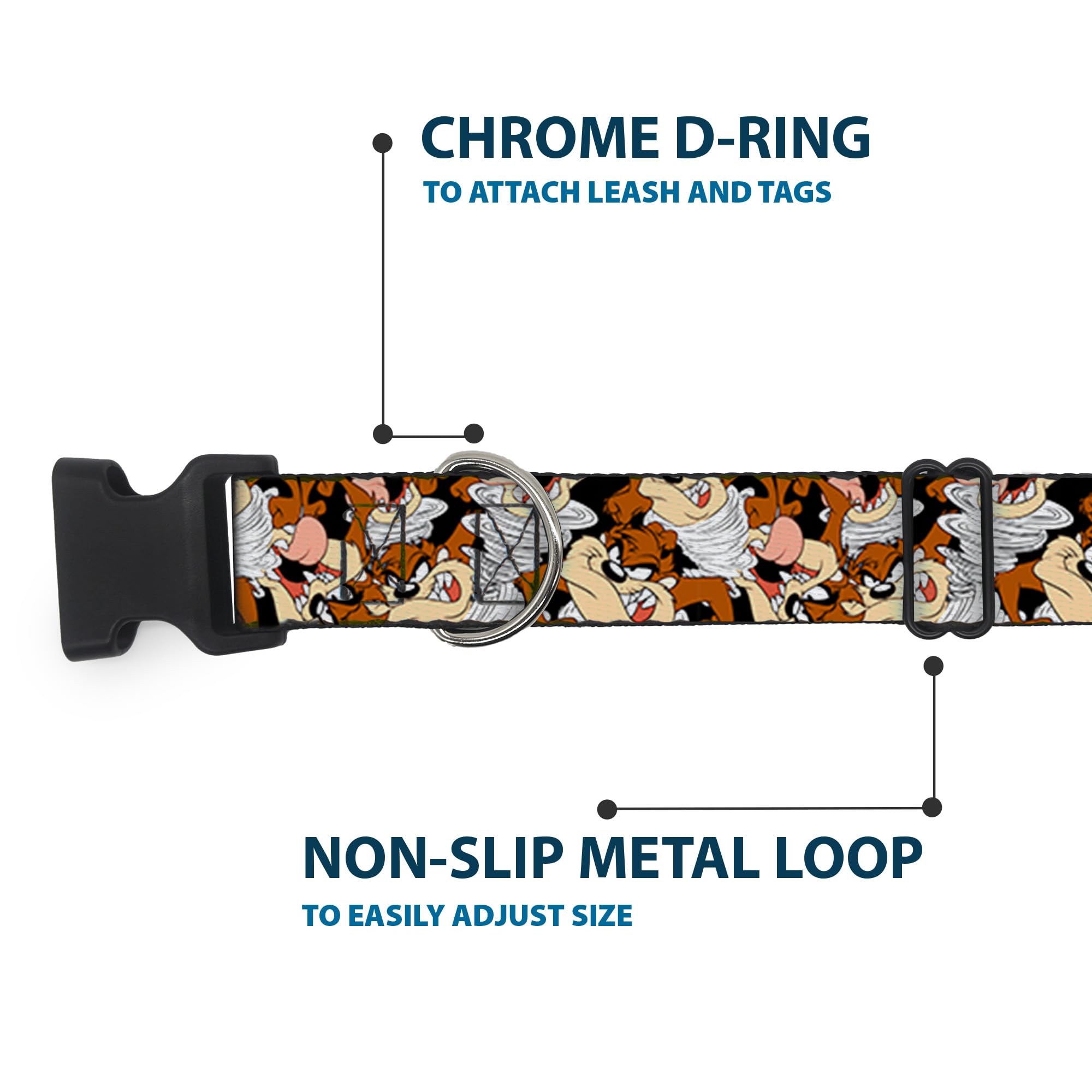 Dog Collar Plastic Clip Tasmanian Devil Vortex Poses Stacked Black 15 To 26 Inches 1.0 Inch Wide
