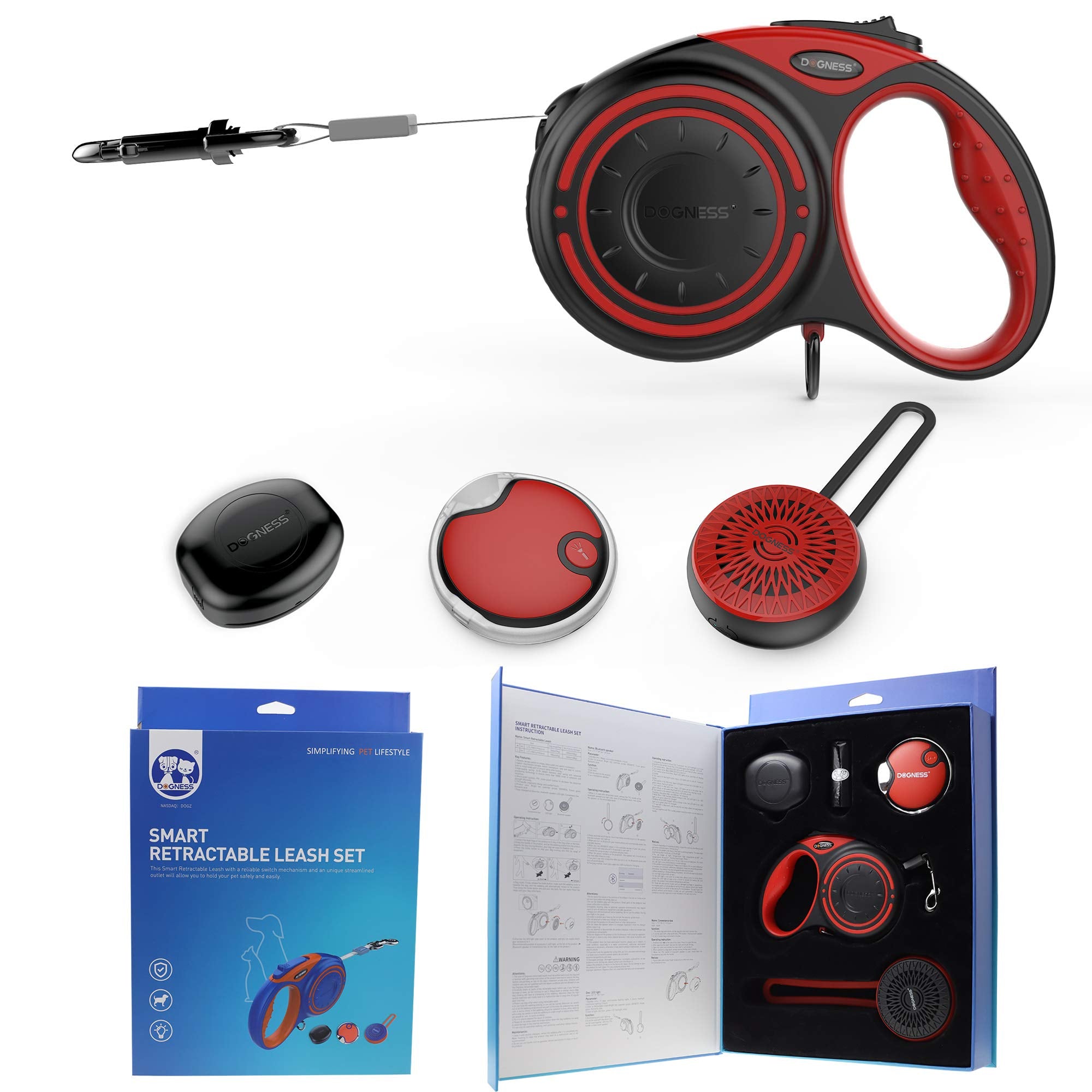 Dogness Smart Retractable Red Leash Boxed Set, 19' L