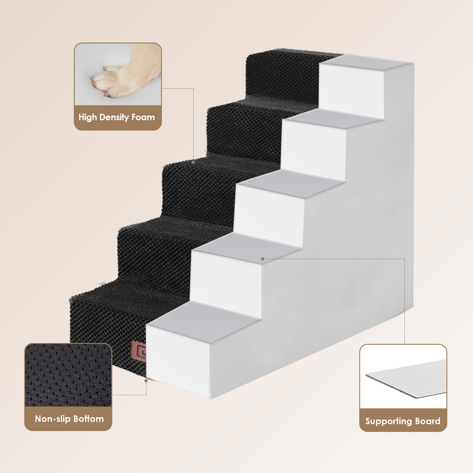 Eheyciga Dog Stairs For High Bed 22.5”H, 5-Step Dog Steps For Bed, Pet Steps For Small Dogs And Cats, Non-Slip Balanced Dog Indoor Ramp, Black