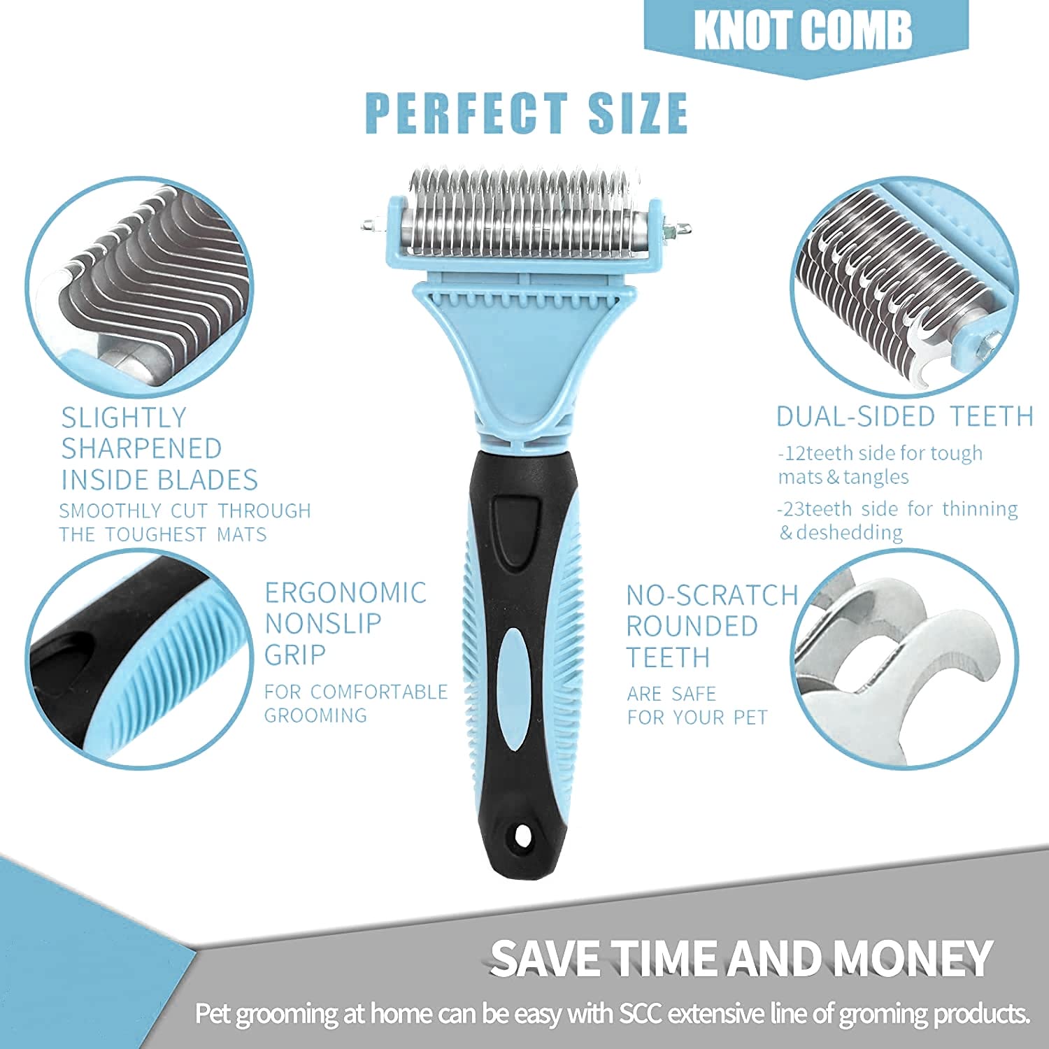 Hop 2 Sided Pet Grooming & Deshedding Brush Undercoat Rake For Cats & Dogs Safe Dematting Comb For Mats Tangles Removing Home Of Paws