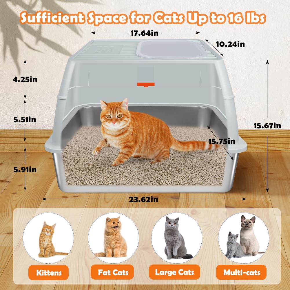 Vivifying XL Stainless Steel Litter Box with Lid, Gray - Enclosed Cat Pan with Scoop, Mat, Charcoal Filter for Big Cats