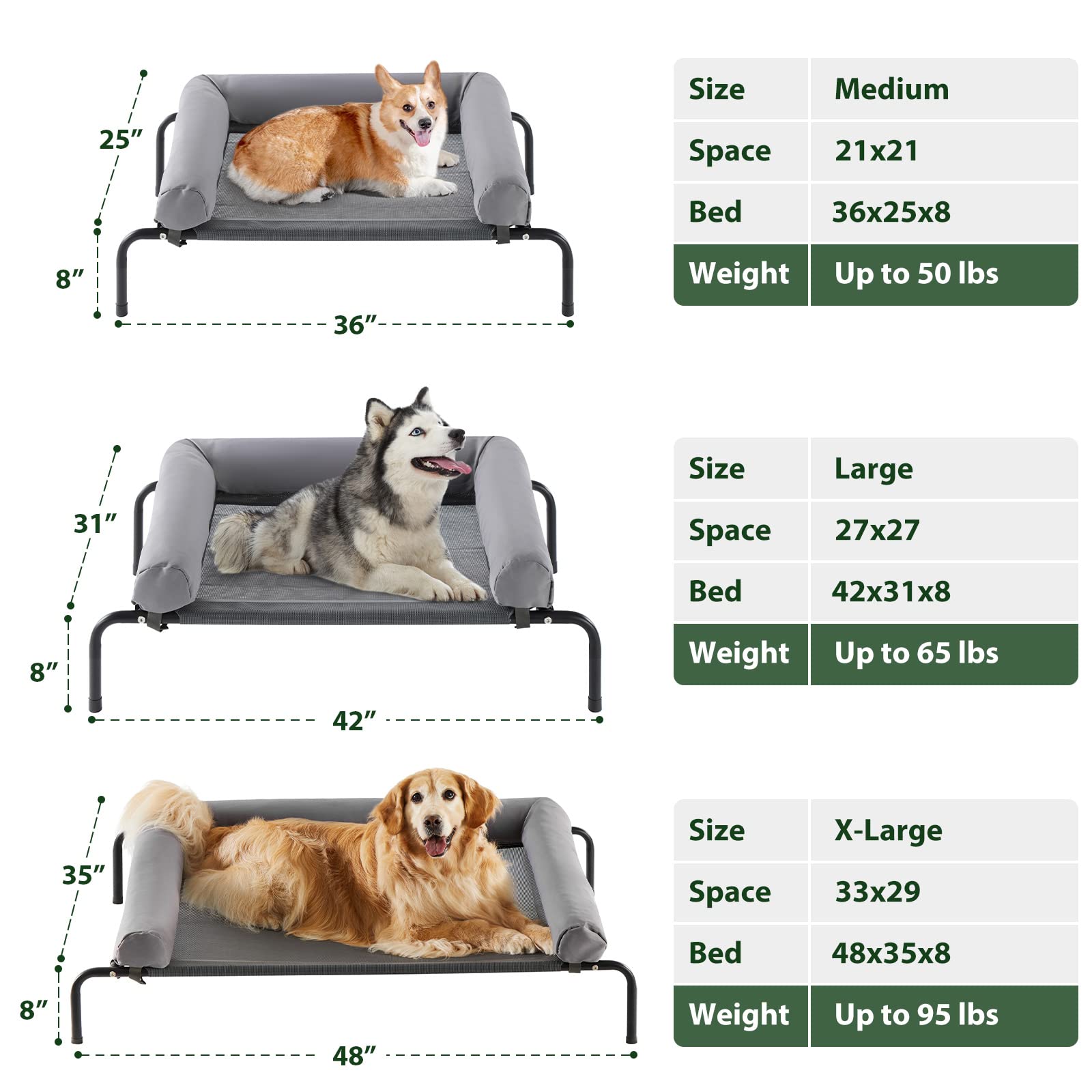 RRPETHOME Elevated Dog Bed - Chew Proof Portable Cot, Grey, 43"L x 31"W x 8"Th, Skid-Resistant Feet, Breathable Mesh