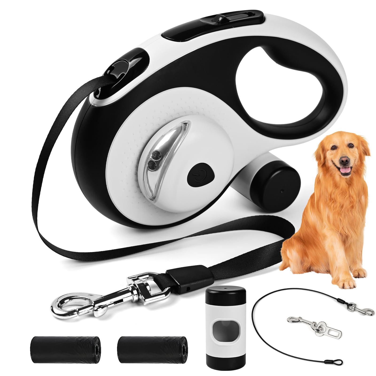 Odriew Retractable Dog Leash For Small Dogs-Medium Pet, 16Ft For Dog Up To 75Lbs, With Chew Proof Cable, Led Light, Dispenser, P