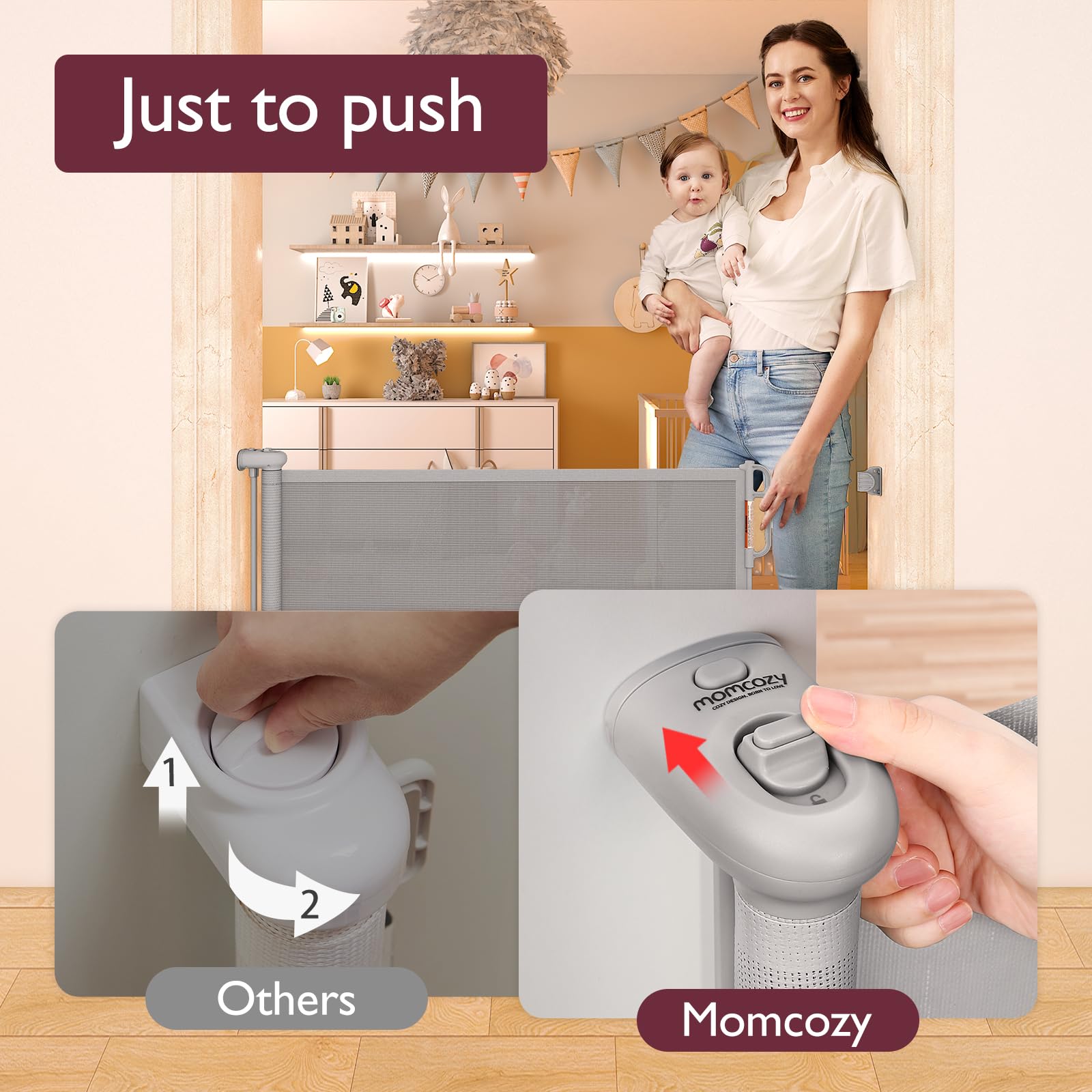 Retractable Baby Gate, Momcozy Extra Wide Mesh Baby Gates for Stairs, 33'' Tall, Extends to 71'' Wide, Pet Dog Gate for Doorways