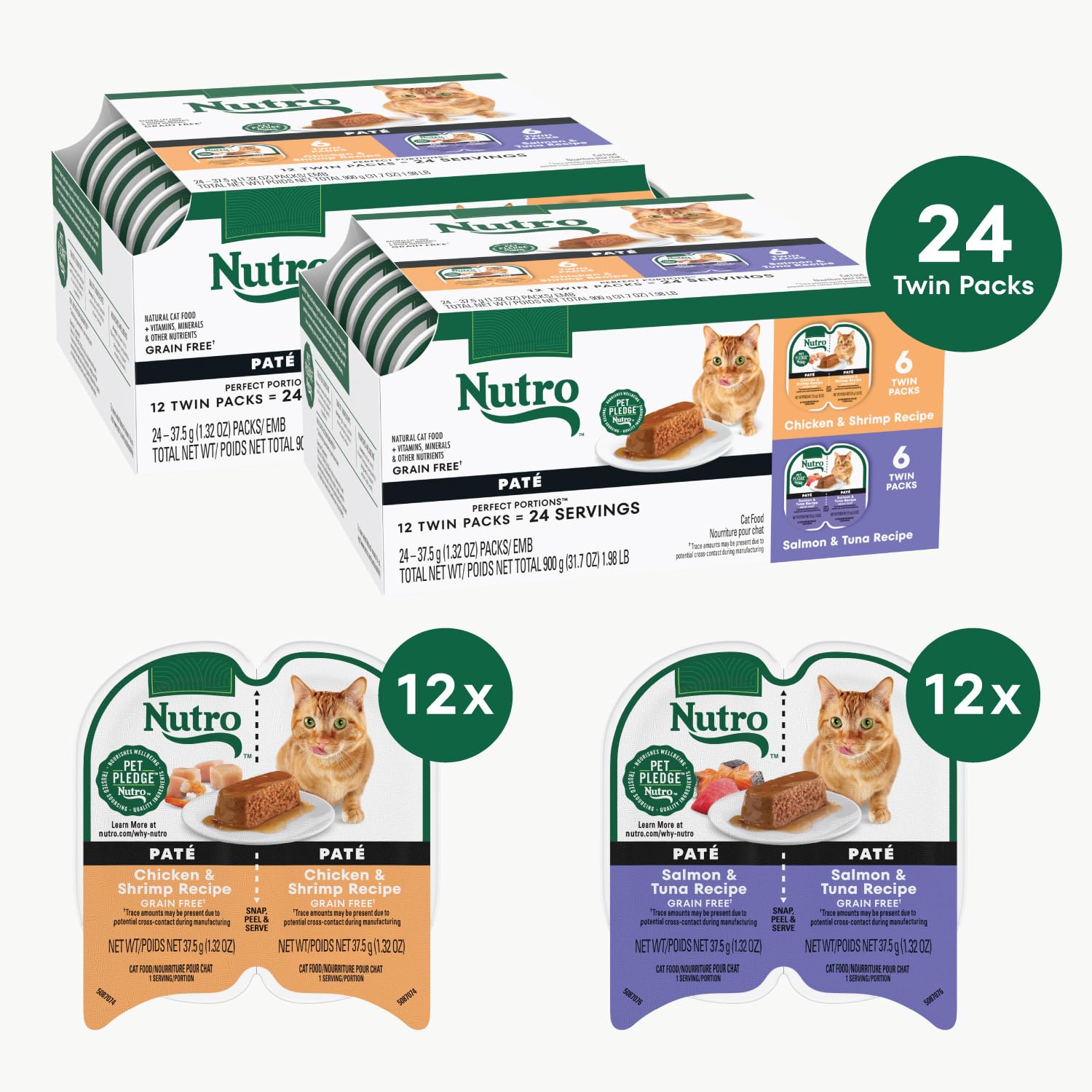Nutro Wet Cat Food Pat   Multipack: Salmon & Tuna; Chicken & Shrimp; 2.64 oz Trays (12 Count, Pack of 2)
