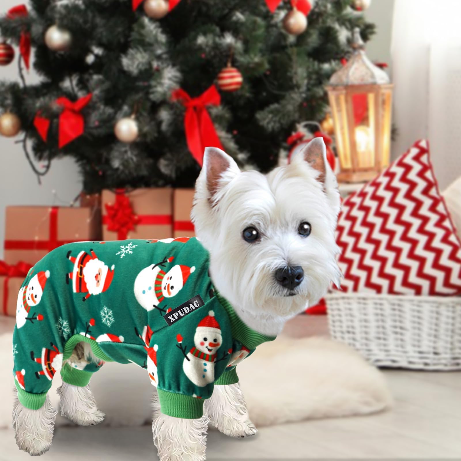 Xpudac 4 Piece Dog Christmas Outfit Pajamas Santa Claus Pet Clothes Cute Snowman Dog Pajamas Costumes For Dogs Girl Boy, Red Green Large