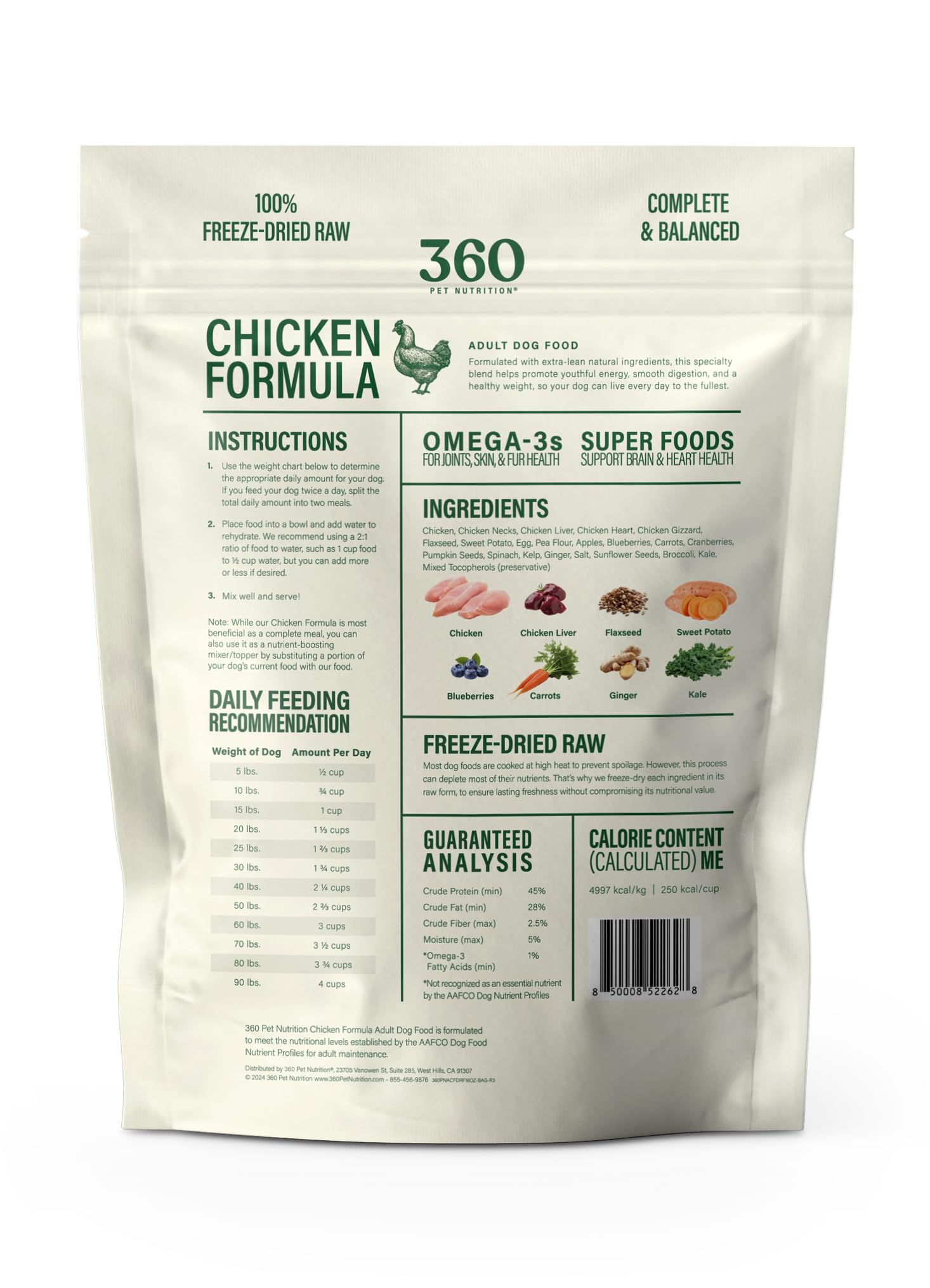 360 Pet Nutrition Freeze-Dried Raw Dog Food, High Protein, Balanced Meal, Chicken, Liver, Heart, Fruit, Veggies, Superfoods, No