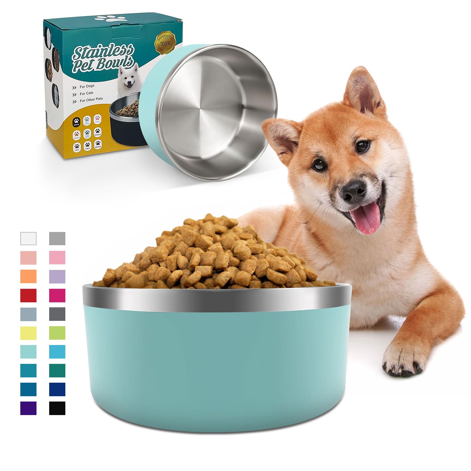 IKITCHEN Dog Bowl for Food and Water, 64 Oz Stainless Steel Pet Feeding Bowl, Durable Non-Skid Double Wall Insulated Heavy Duty 