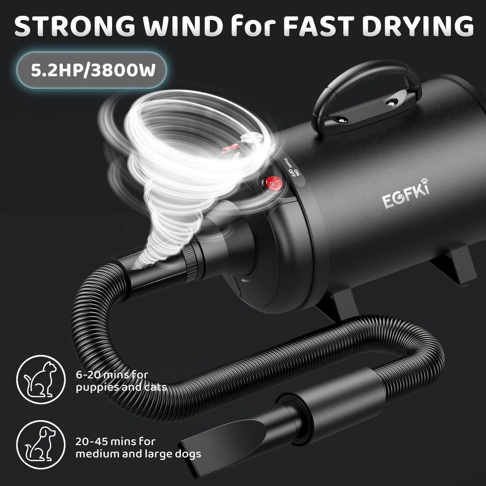 Egfki Dog-Hair-Dryer, 5.2Hp/ 3800W High Velocity Pet Blow Dryer With Heater For Grooming, Speed Temperature Adjustable Dog Blowe