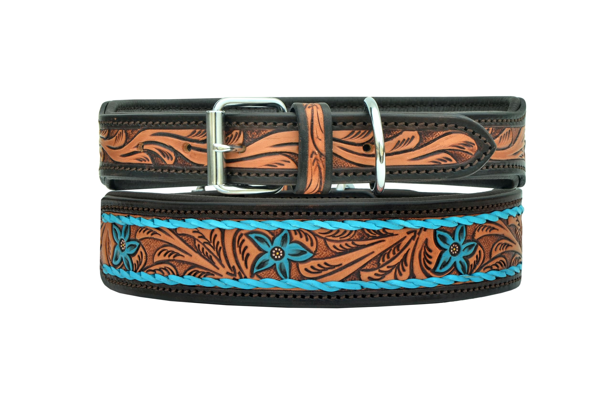 Leather Dog Collar Large Size Western Style Heavy Duty Hand Tooled Adjustable Padded Soft For Small Puppies And Big Dogs 10Ab139