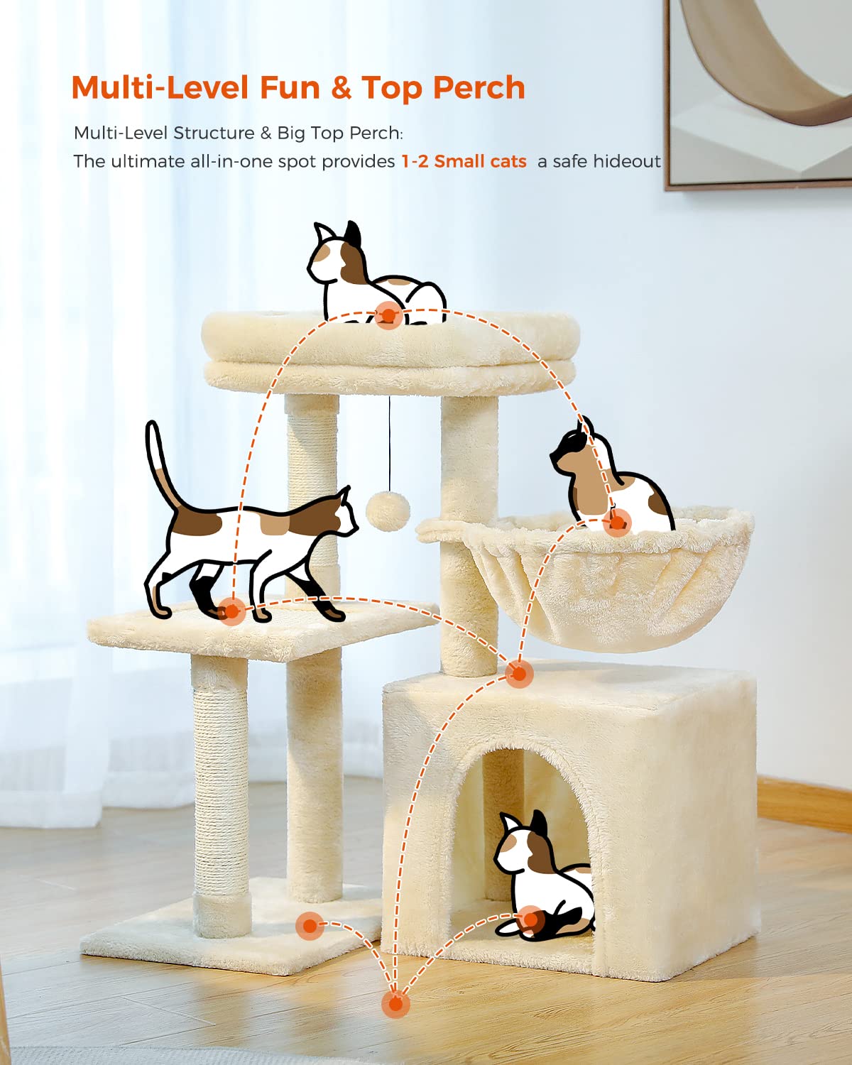 Pequlti Small Cat Tree, [28.5''] Cat Tower For Indoor Cats, 2 Styles Cat Activity Tree With Cat Scratching Posts, Big Hammock And Removable Top Perch Beige