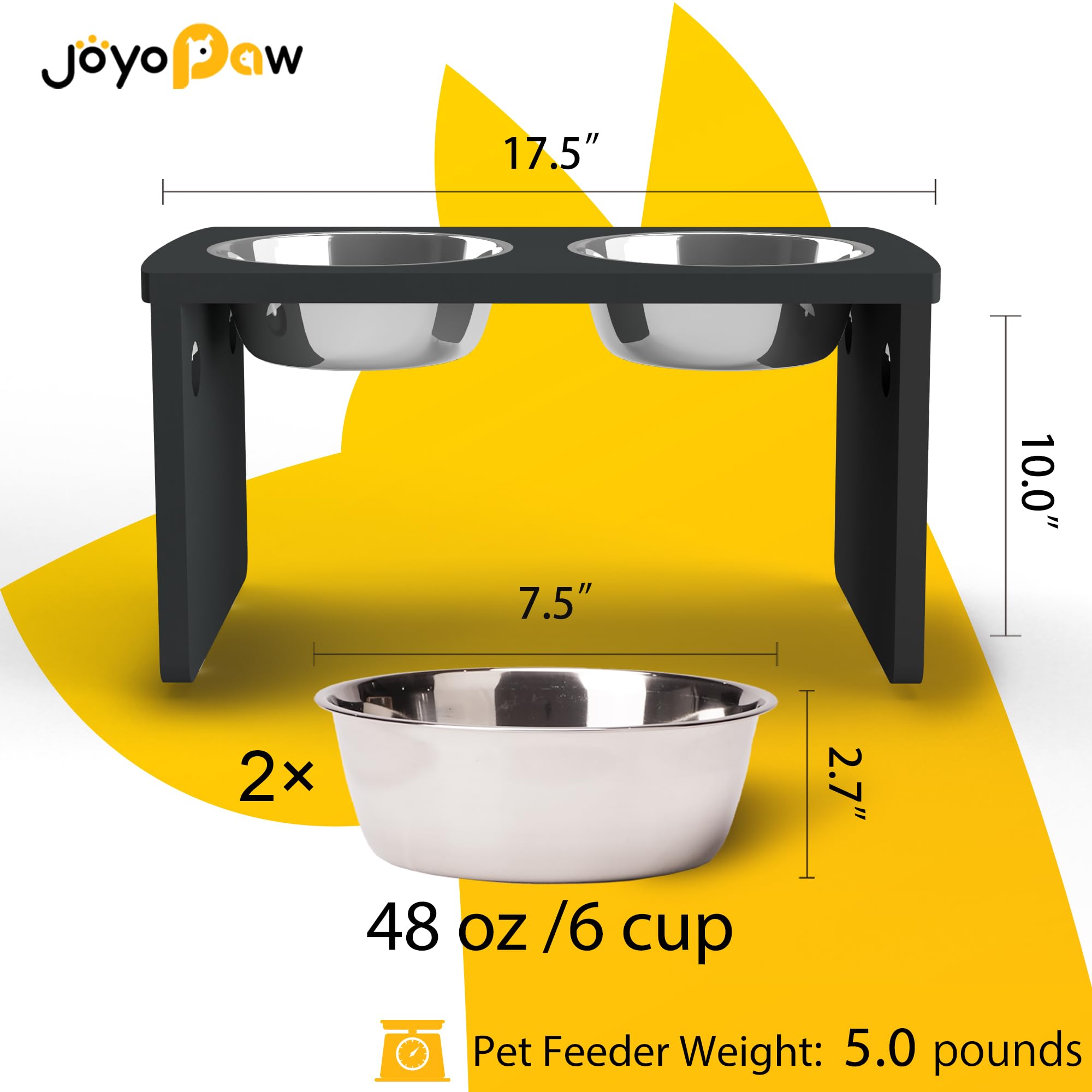 JOYOPAW Elevated Dog Bowls - Bamboo Raised Bowl for Large & Medium Dogs, 10'' Tall, Black, 2 Stainless Steel Bowls, Model FR01