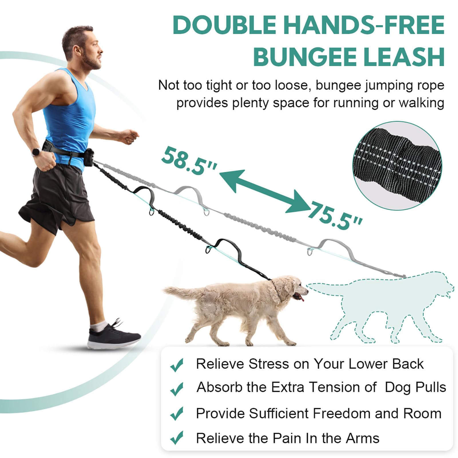 Yicostar Retractable Bungee Dog Leash with Padded Handles - Mint Green, Nylon, for Medium & Large Dogs